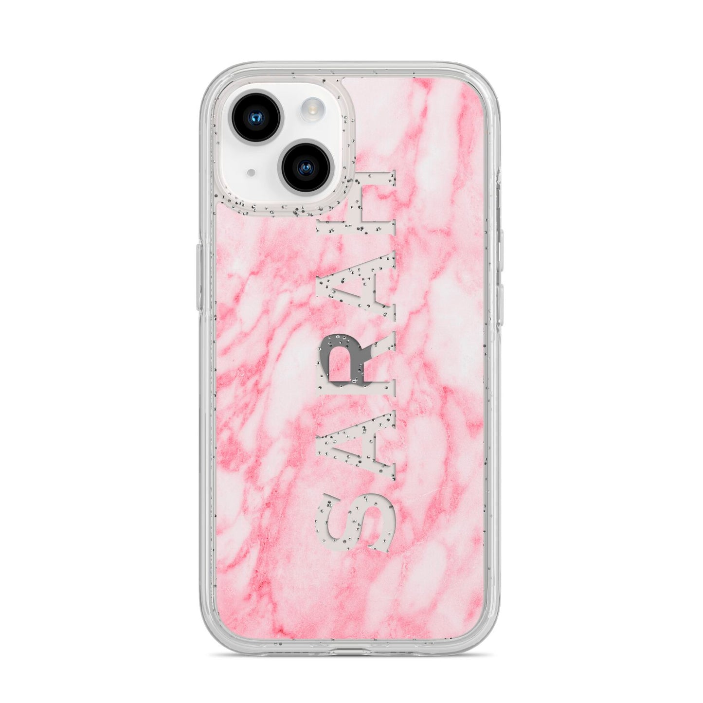 Personalised Clear Name Cutout Pink Marble Custom iPhone 14 Glitter Tough Case Starlight