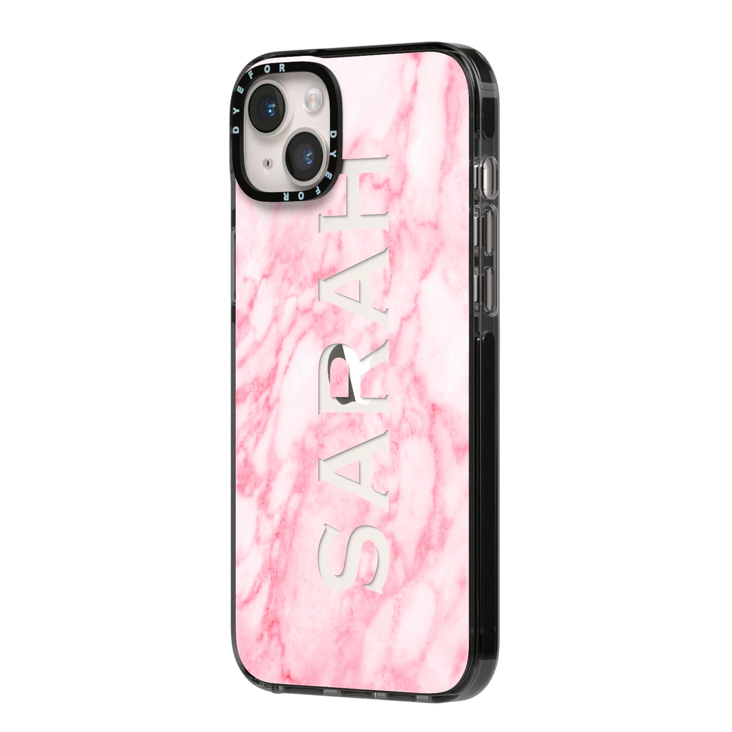 Personalised Clear Name Cutout Pink Marble Custom iPhone 14 Plus Black Impact Case Side Angle on Silver phone