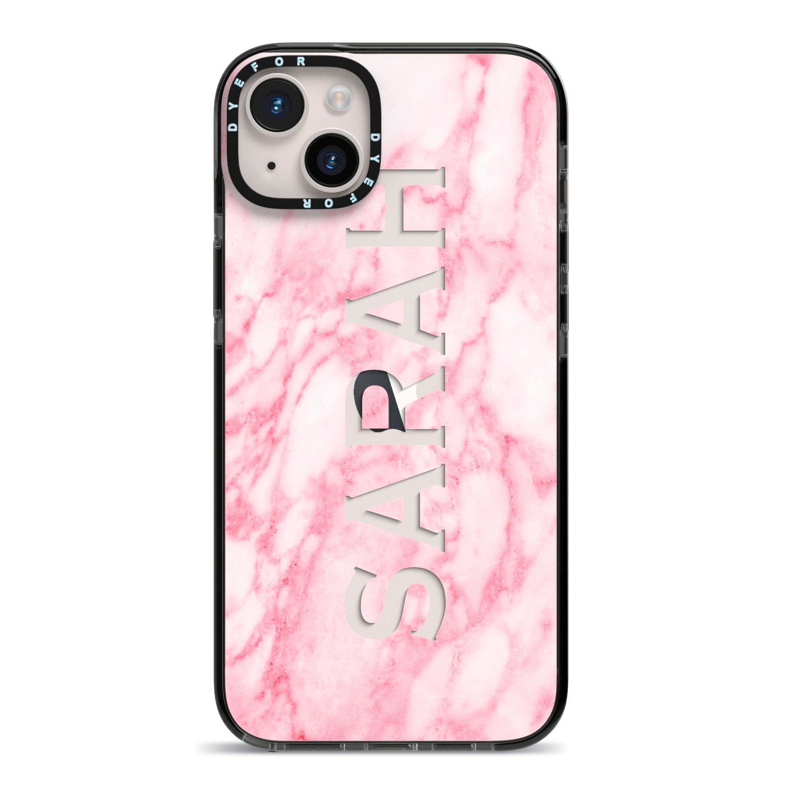 Personalised Clear Name Cutout Pink Marble Custom iPhone 14 Plus Black Impact Case on Silver phone