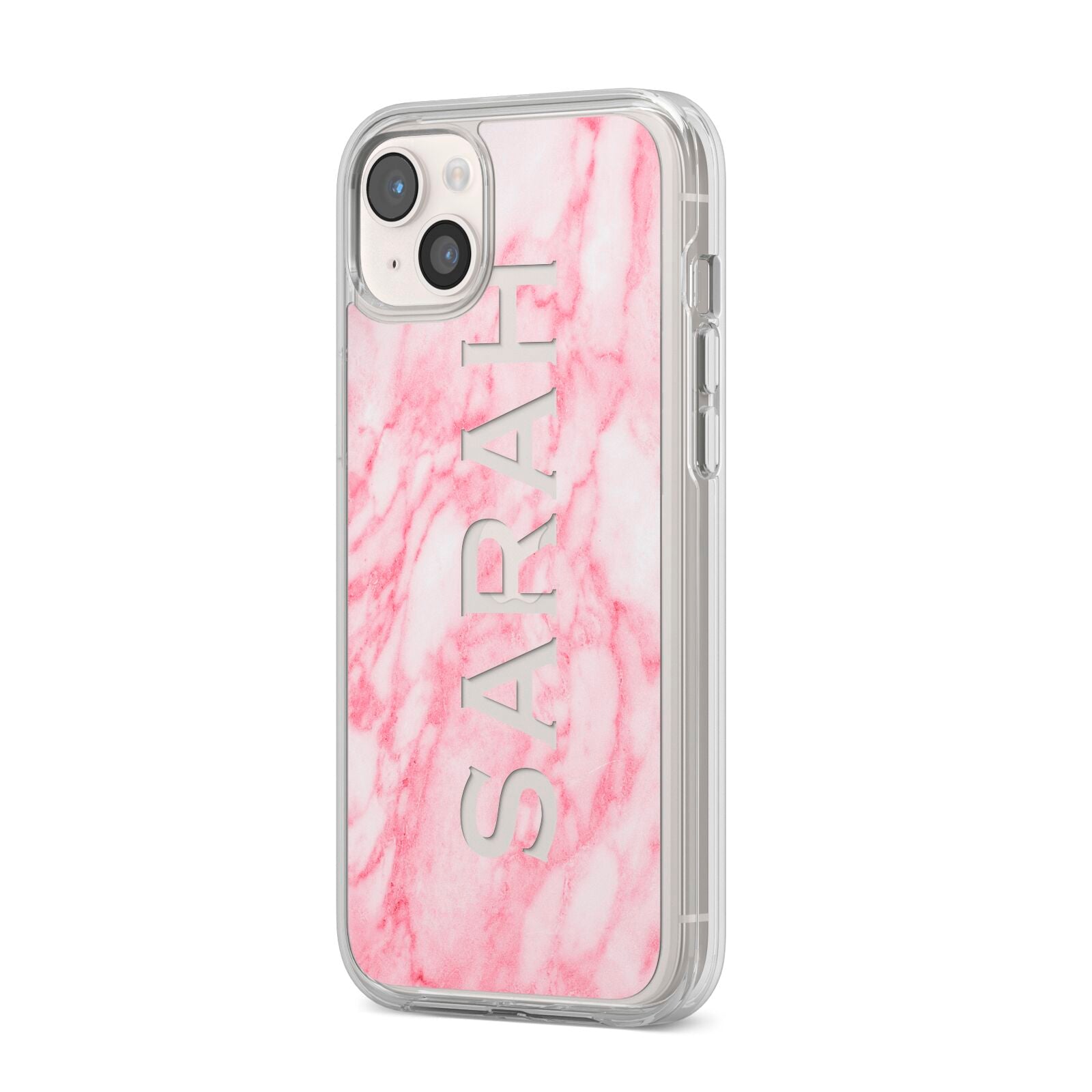 Personalised Clear Name Cutout Pink Marble Custom iPhone 14 Plus Clear Tough Case Starlight Angled Image