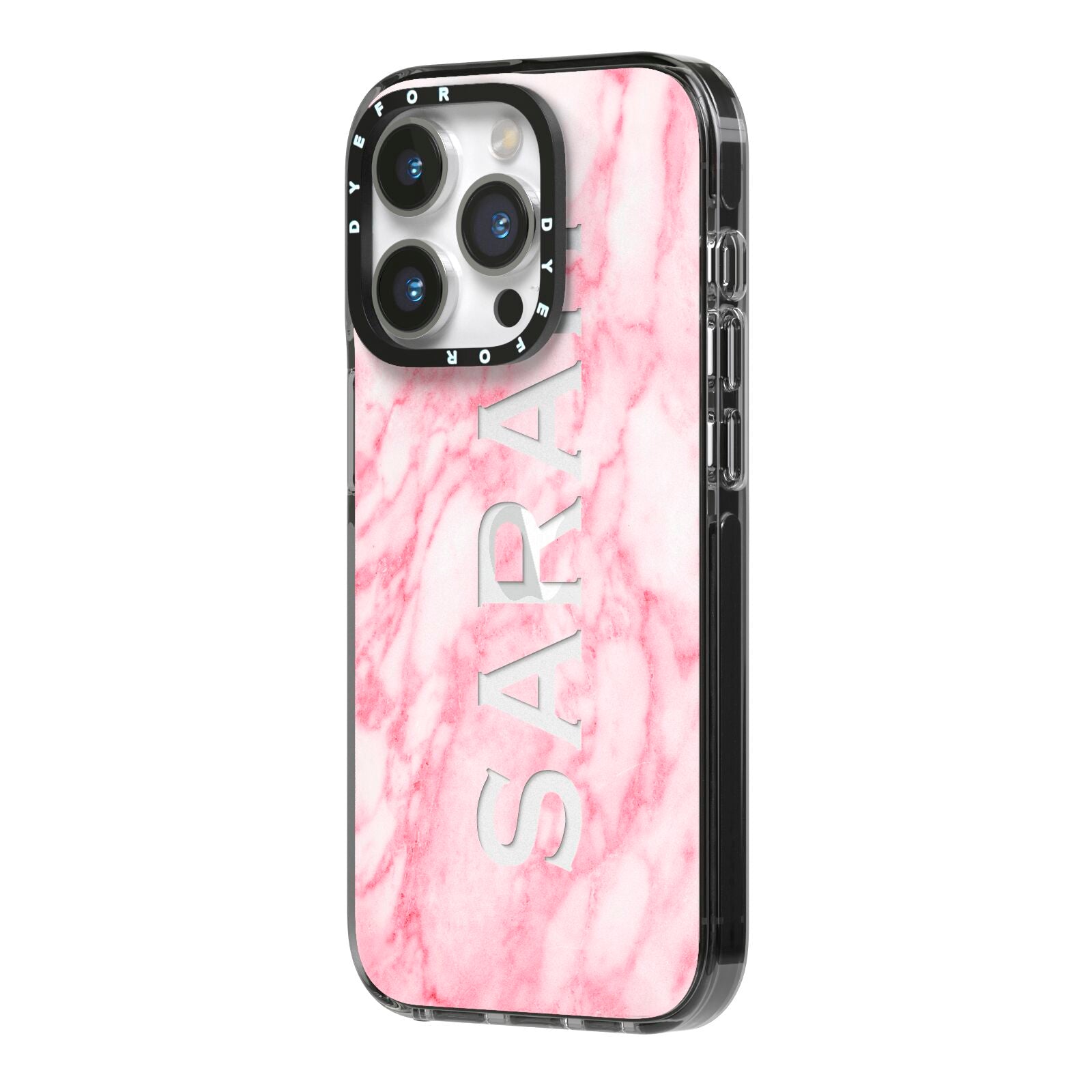 Personalised Clear Name Cutout Pink Marble Custom iPhone 14 Pro Black Impact Case Side Angle on Silver phone