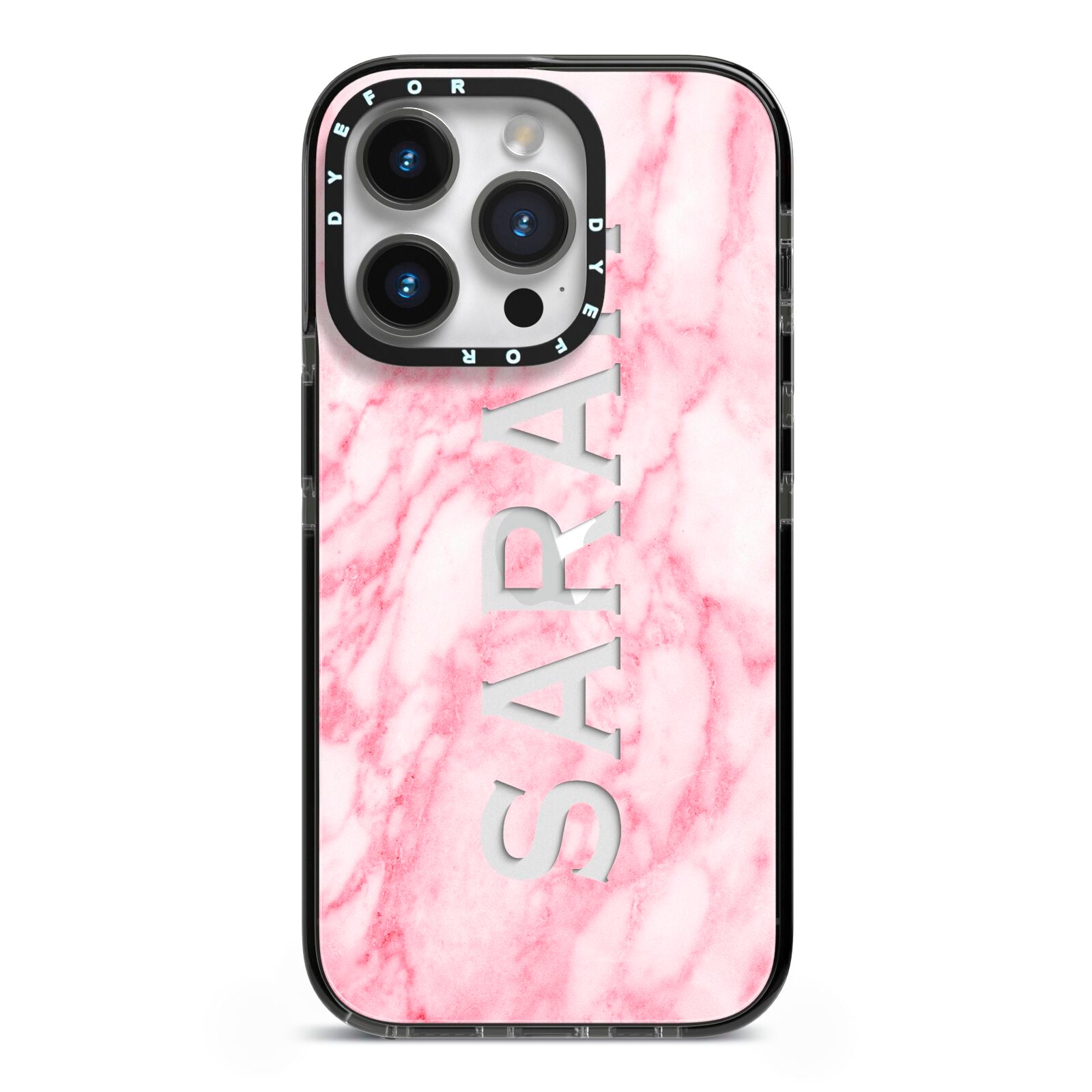 Personalised Clear Name Cutout Pink Marble Custom iPhone 14 Pro Black Impact Case on Silver phone