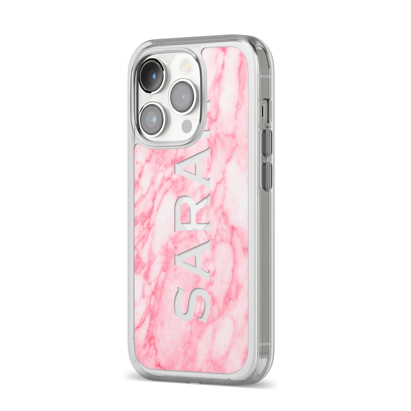 Personalised Clear Name Cutout Pink Marble Custom iPhone 14 Pro Clear Tough Case Silver Angled Image