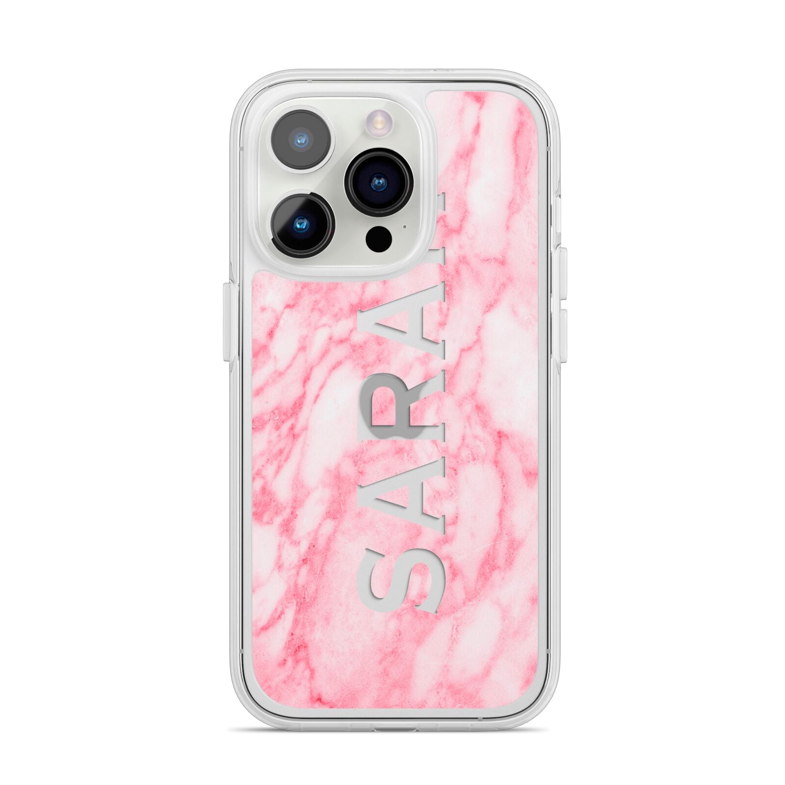 Personalised Clear Name Cutout Pink Marble Custom iPhone 14 Pro Clear Tough Case Silver