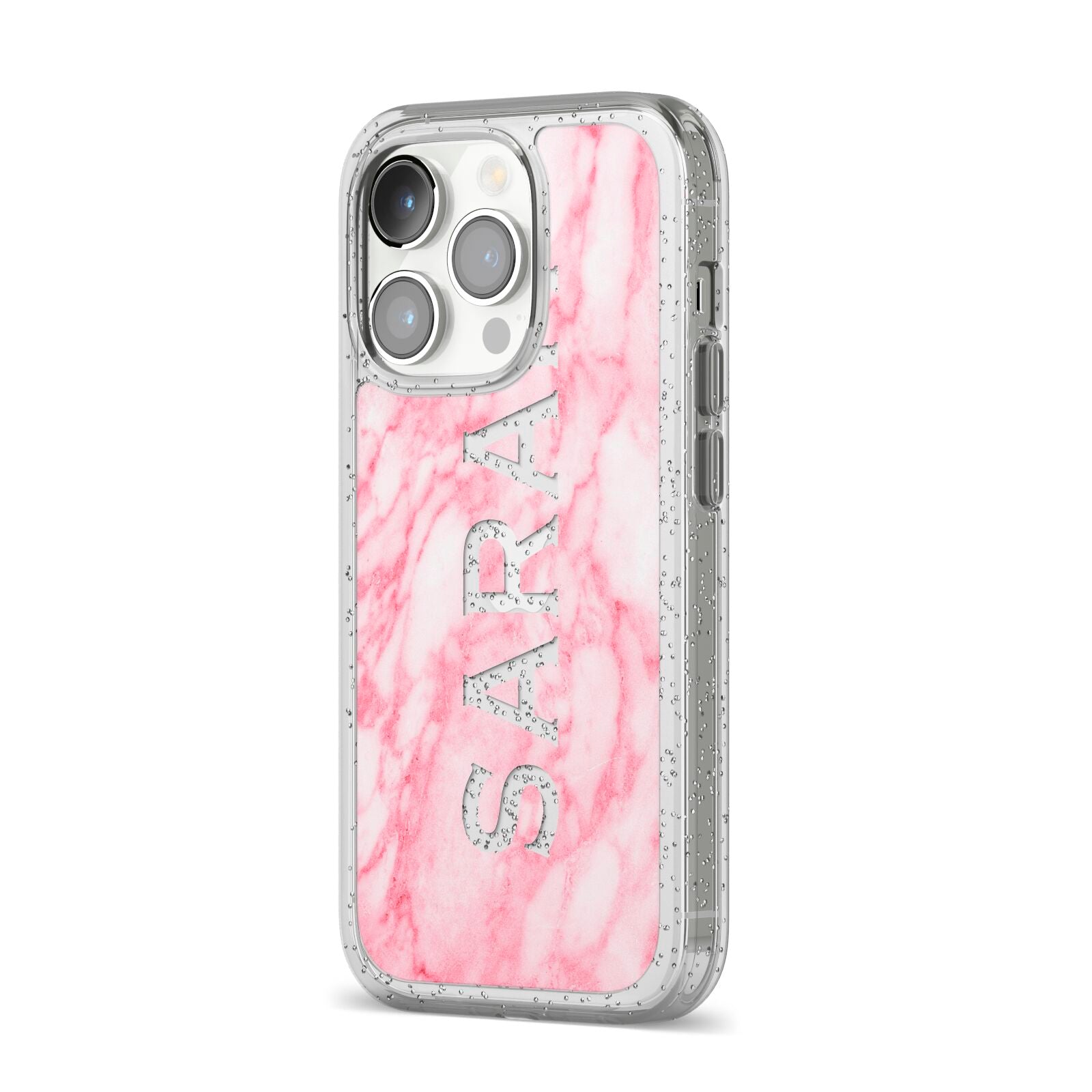 Personalised Clear Name Cutout Pink Marble Custom iPhone 14 Pro Glitter Tough Case Silver Angled Image