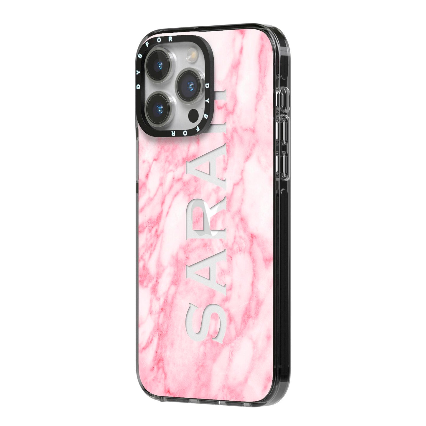 Personalised Clear Name Cutout Pink Marble Custom iPhone 14 Pro Max Black Impact Case Side Angle on Silver phone