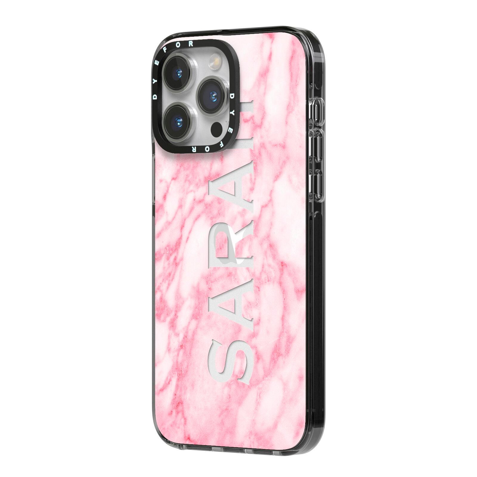 Personalised Clear Name Cutout Pink Marble Custom iPhone 14 Pro Max Black Impact Case Side Angle on Silver phone