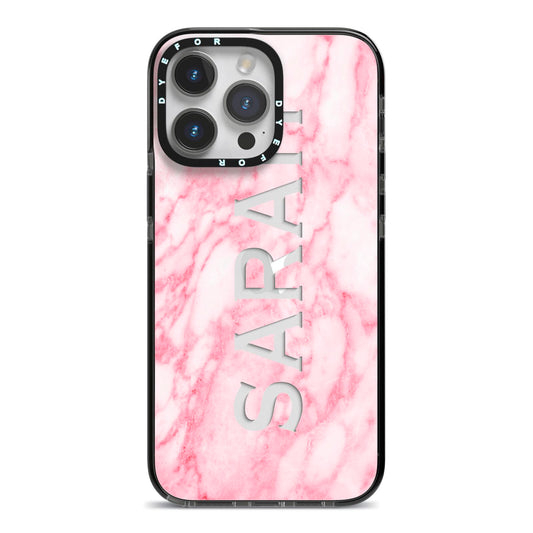 Personalised Clear Name Cutout Pink Marble Custom iPhone 14 Pro Max Black Impact Case on Silver phone