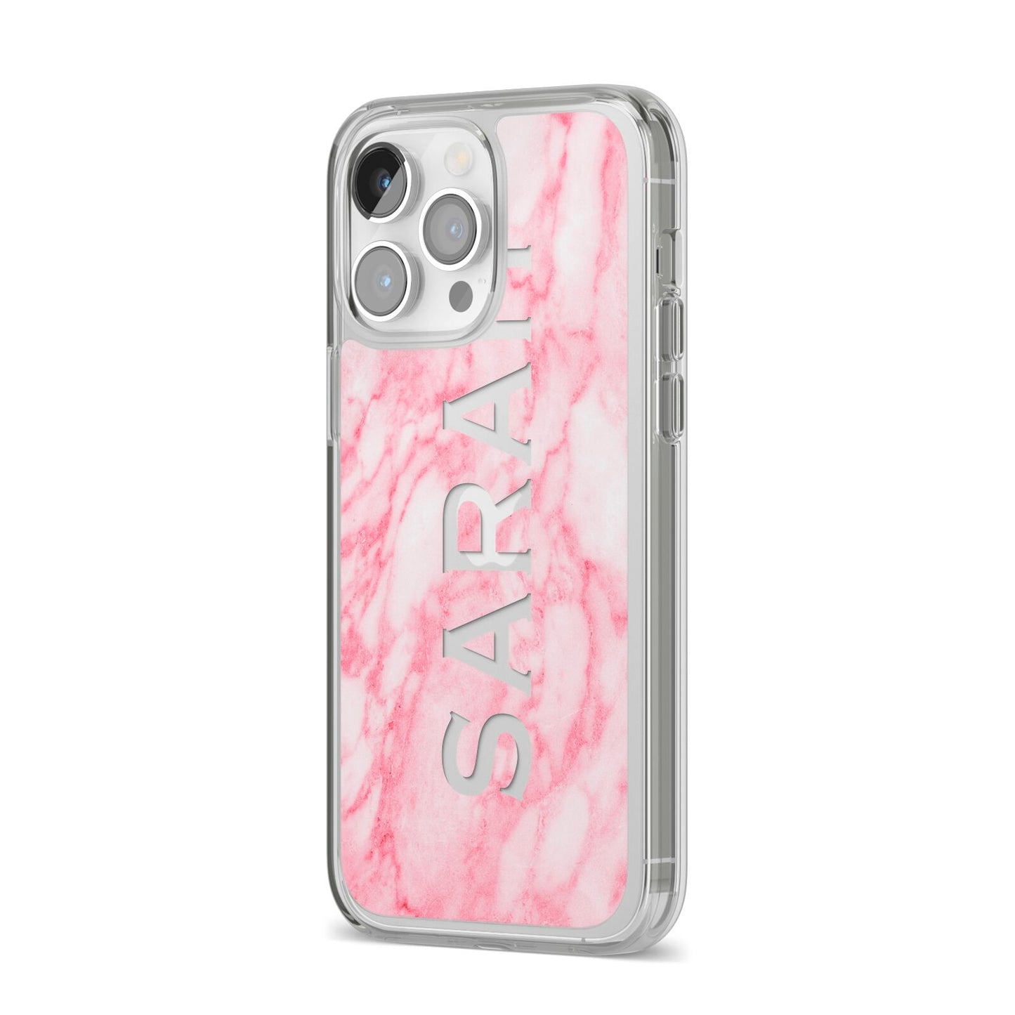 Personalised Clear Name Cutout Pink Marble Custom iPhone 14 Pro Max Clear Tough Case Silver Angled Image