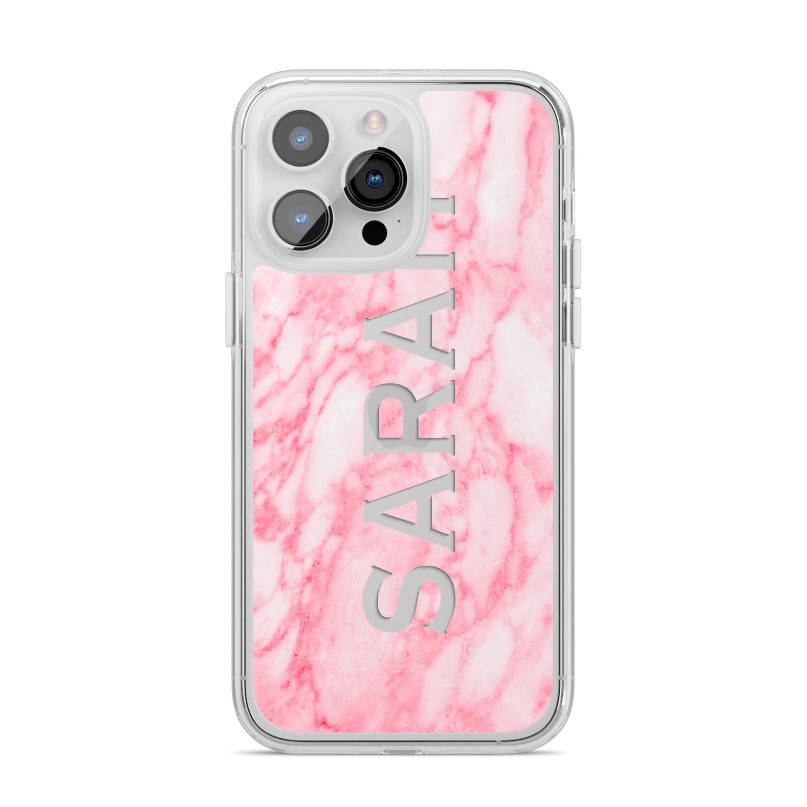 Personalised Clear Name Cutout Pink Marble Custom iPhone 14 Pro Max Clear Tough Case Silver