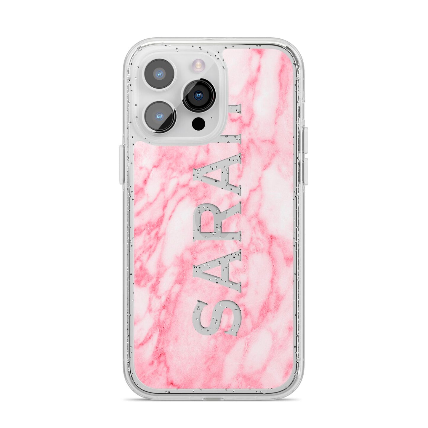 Personalised Clear Name Cutout Pink Marble Custom iPhone 14 Pro Max Glitter Tough Case Silver