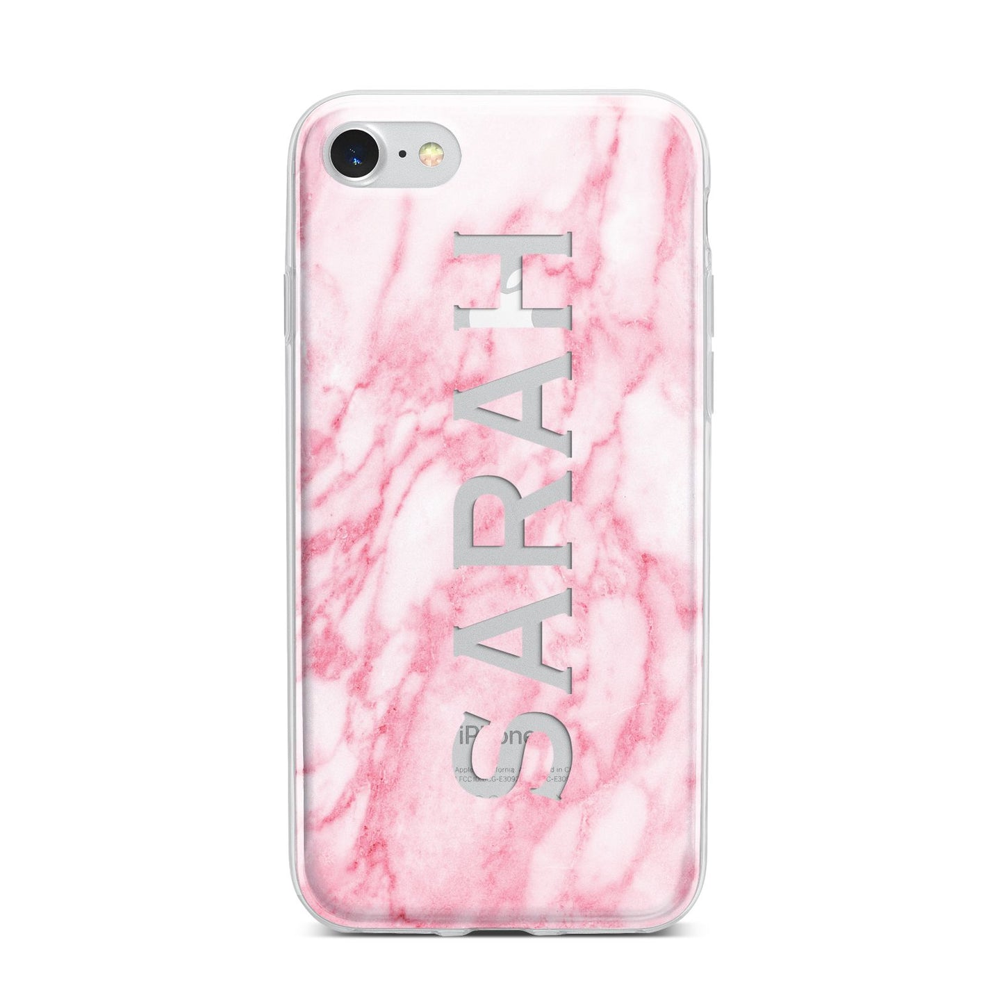 Personalised Clear Name Cutout Pink Marble Custom iPhone 7 Bumper Case on Silver iPhone