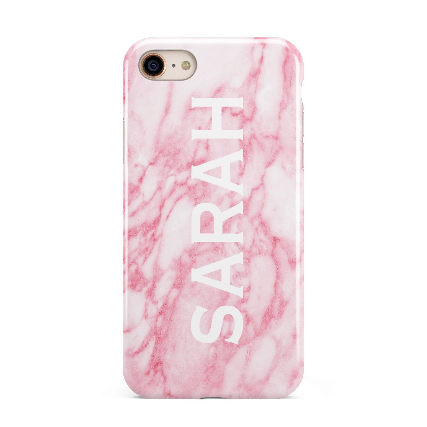 Personalised Clear Name Cutout Pink Marble Custom iPhone 8 3D Tough Case on Gold Phone