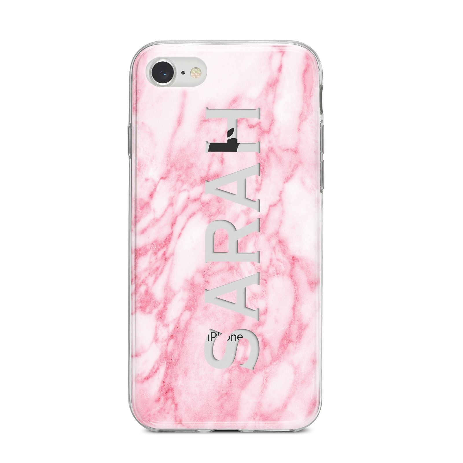 Personalised Clear Name Cutout Pink Marble Custom iPhone 8 Bumper Case on Silver iPhone