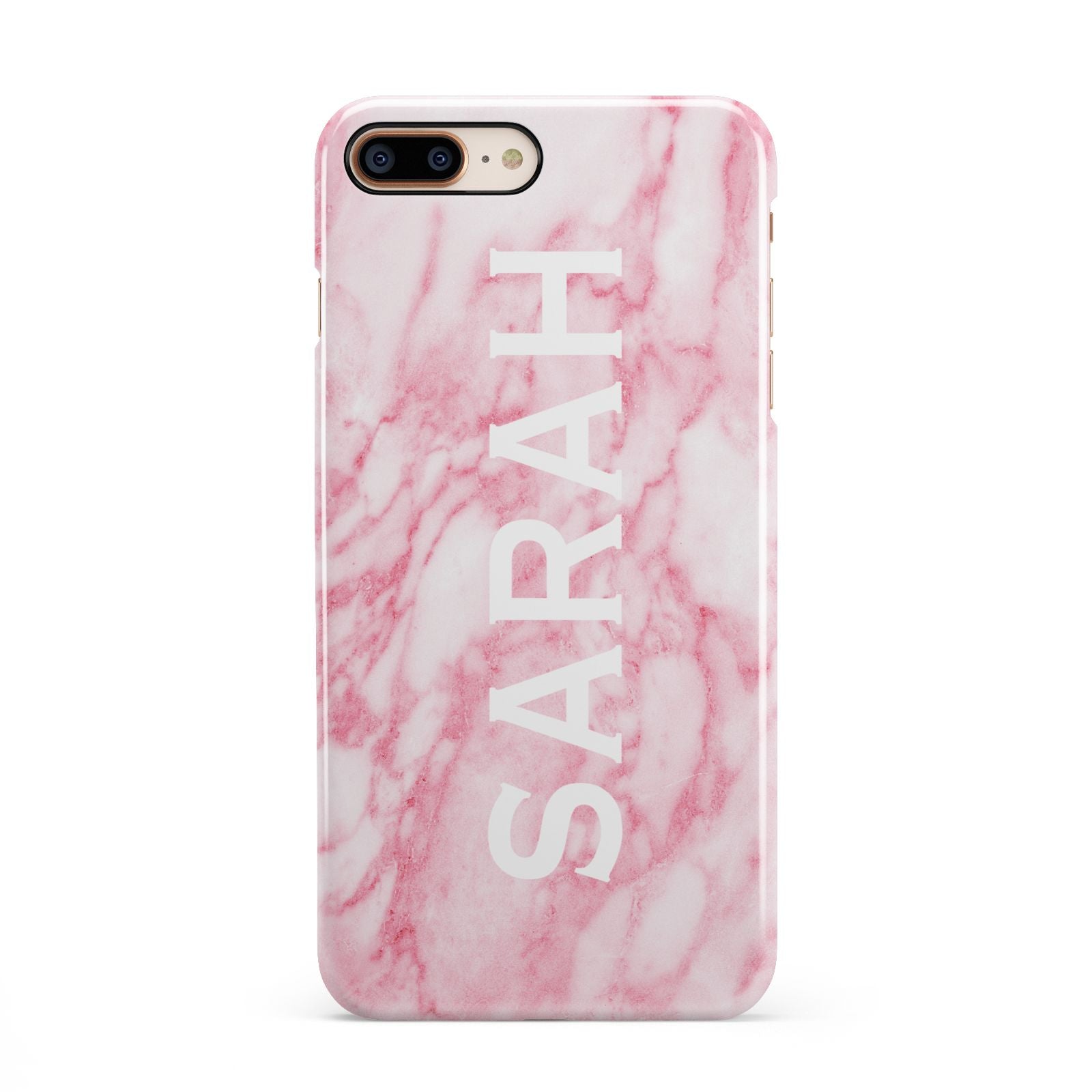 Personalised Clear Name Cutout Pink Marble Custom iPhone 8 Plus 3D Snap Case on Gold Phone