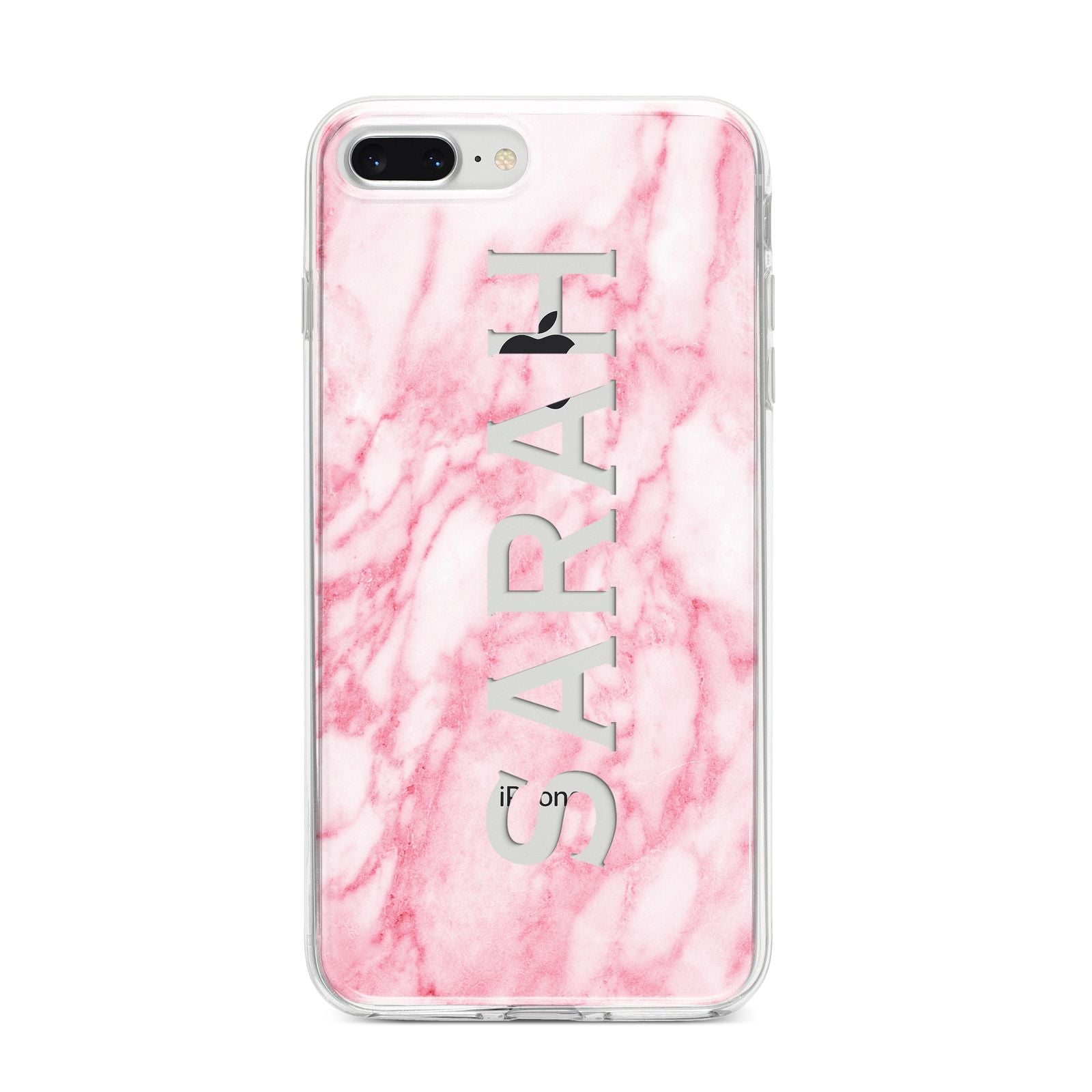 Personalised Clear Name Cutout Pink Marble Custom iPhone 8 Plus Bumper Case on Silver iPhone