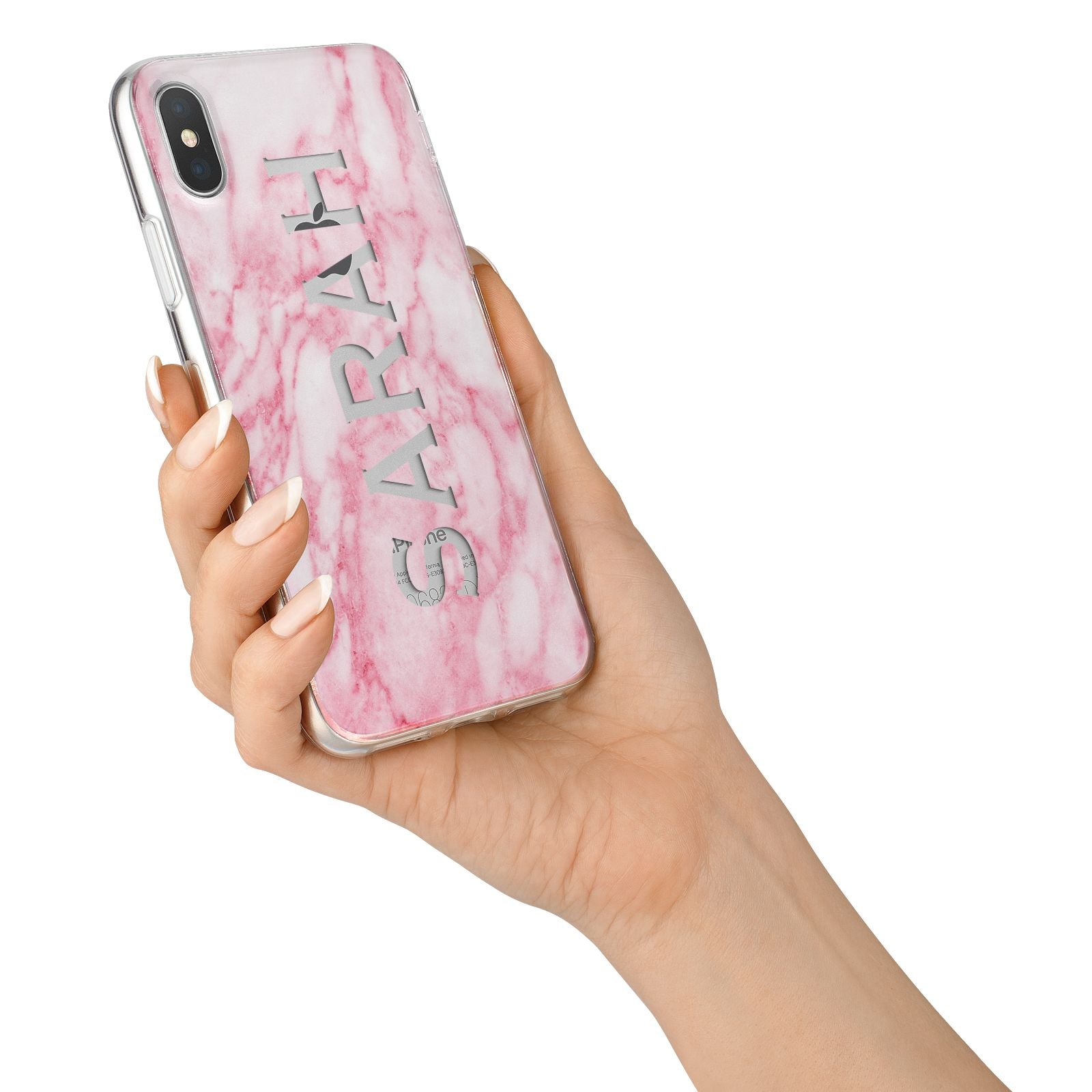 Personalised Clear Name Cutout Pink Marble Custom iPhone X Bumper Case on Silver iPhone Alternative Image 2