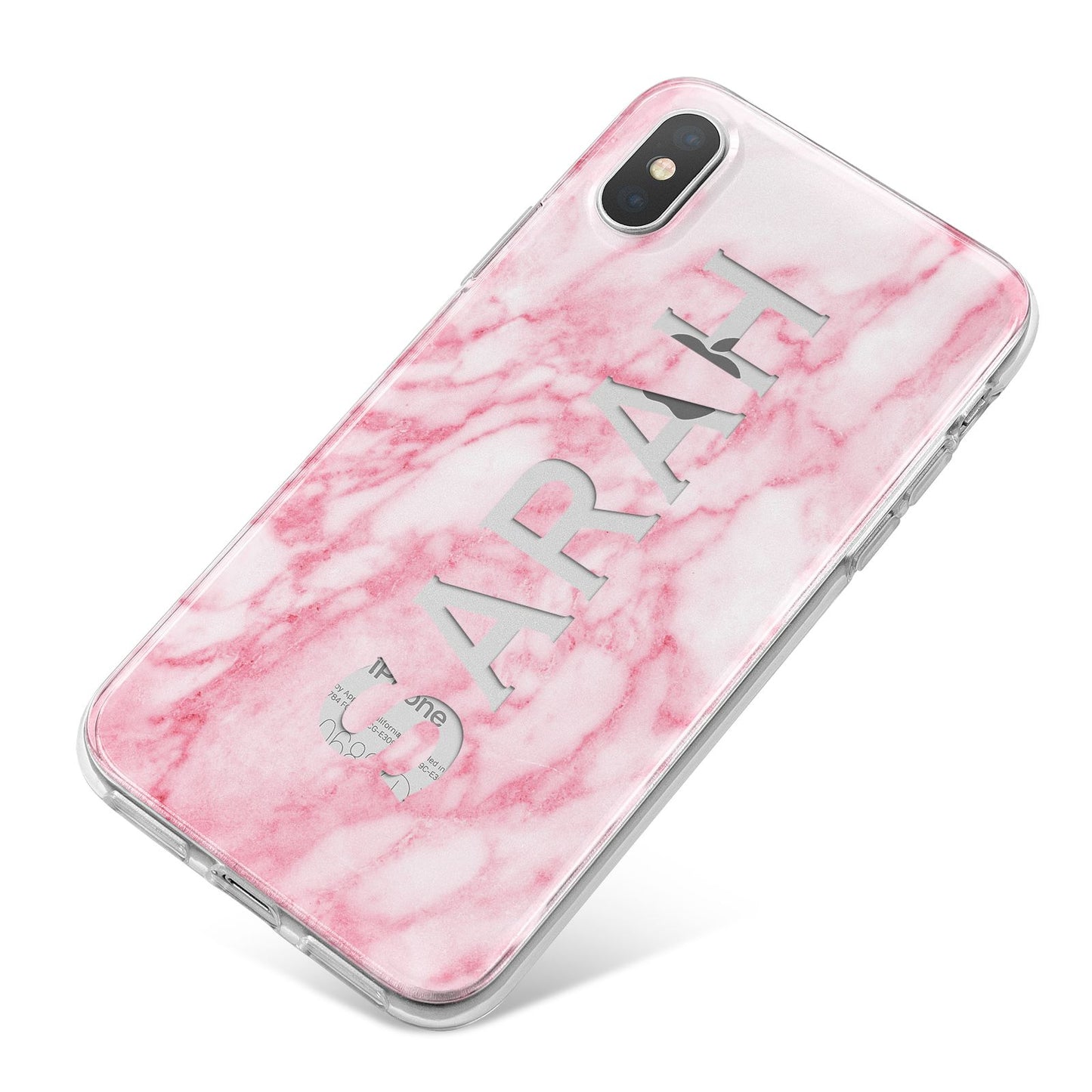 Personalised Clear Name Cutout Pink Marble Custom iPhone X Bumper Case on Silver iPhone