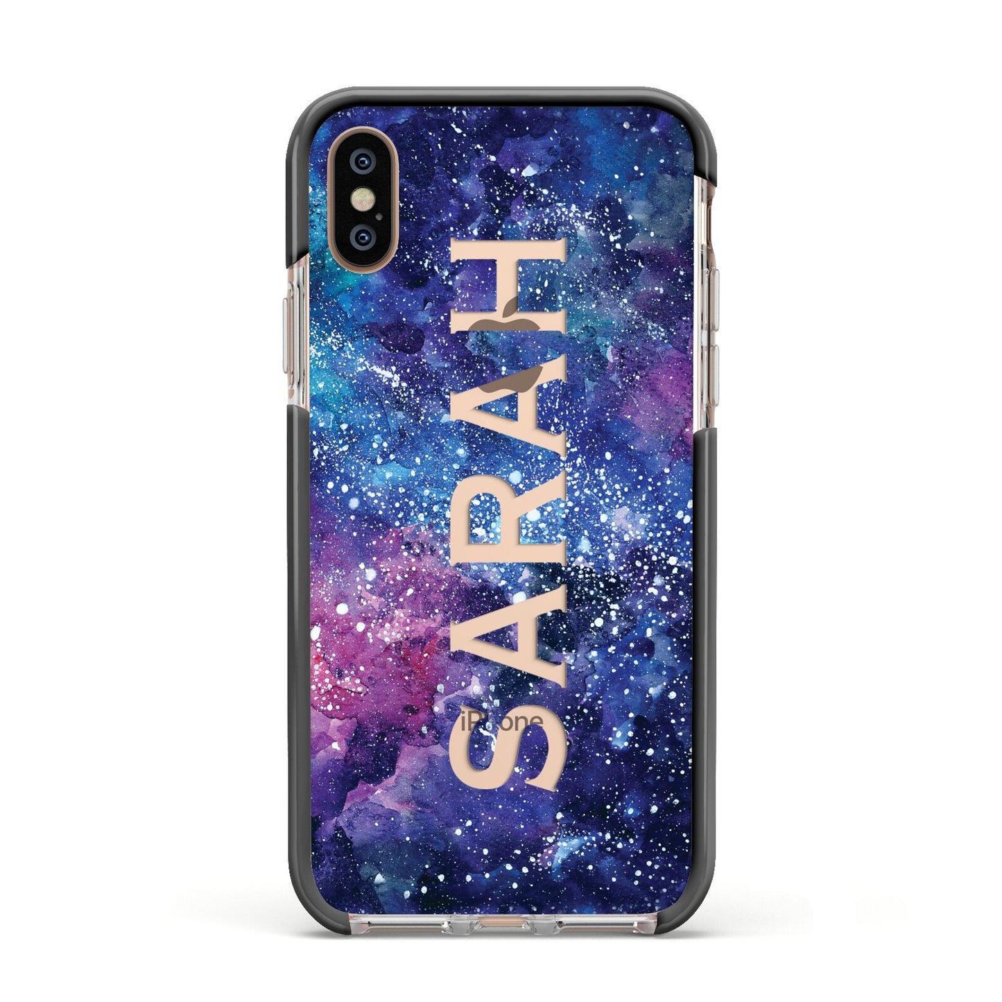 Personalised Clear Name Cutout Space Nebula Custom Apple iPhone Xs Impact Case Black Edge on Gold Phone