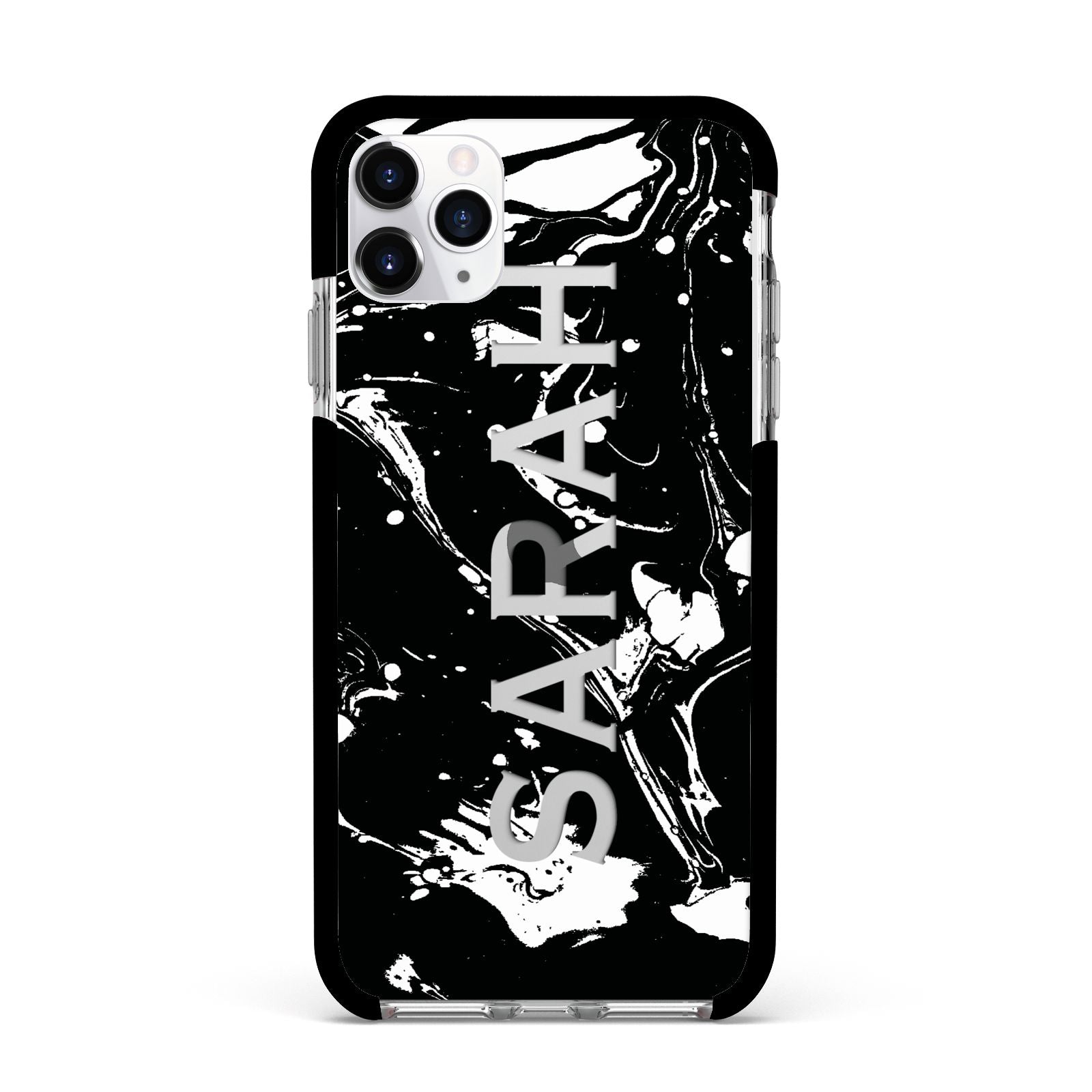 Personalised Clear Name Cutout Swirl Marble Custom Apple iPhone 11 Pro Max in Silver with Black Impact Case