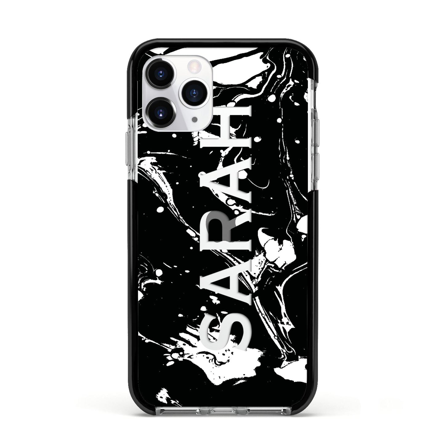 Personalised Clear Name Cutout Swirl Marble Custom Apple iPhone 11 Pro in Silver with Black Impact Case