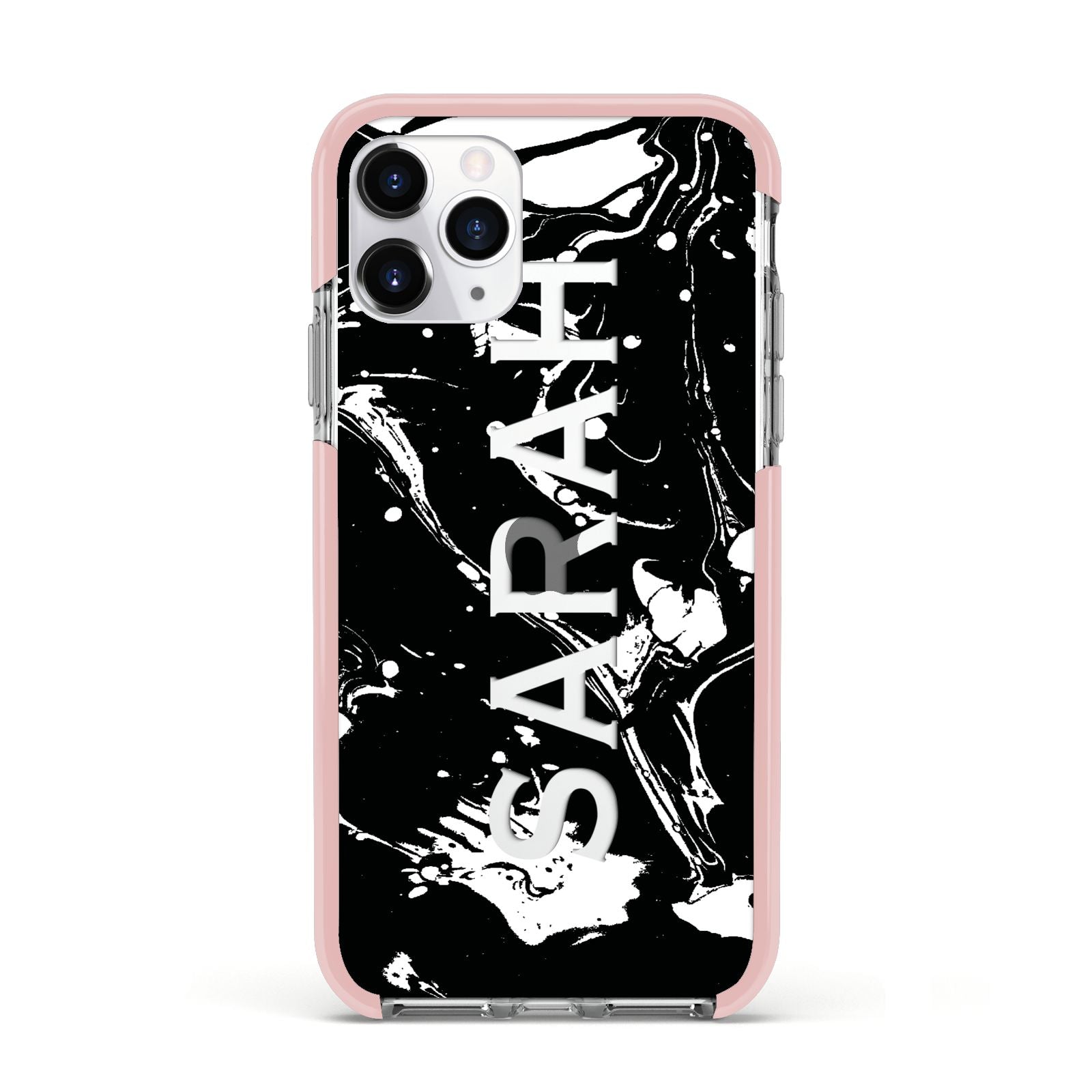 Personalised Clear Name Cutout Swirl Marble Custom Apple iPhone 11 Pro in Silver with Pink Impact Case