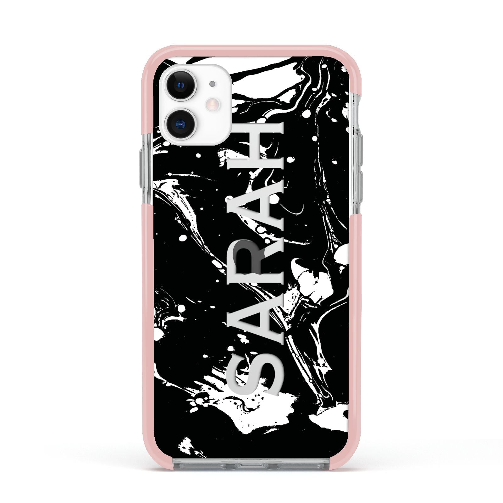 Personalised Clear Name Cutout Swirl Marble Custom Apple iPhone 11 in White with Pink Impact Case