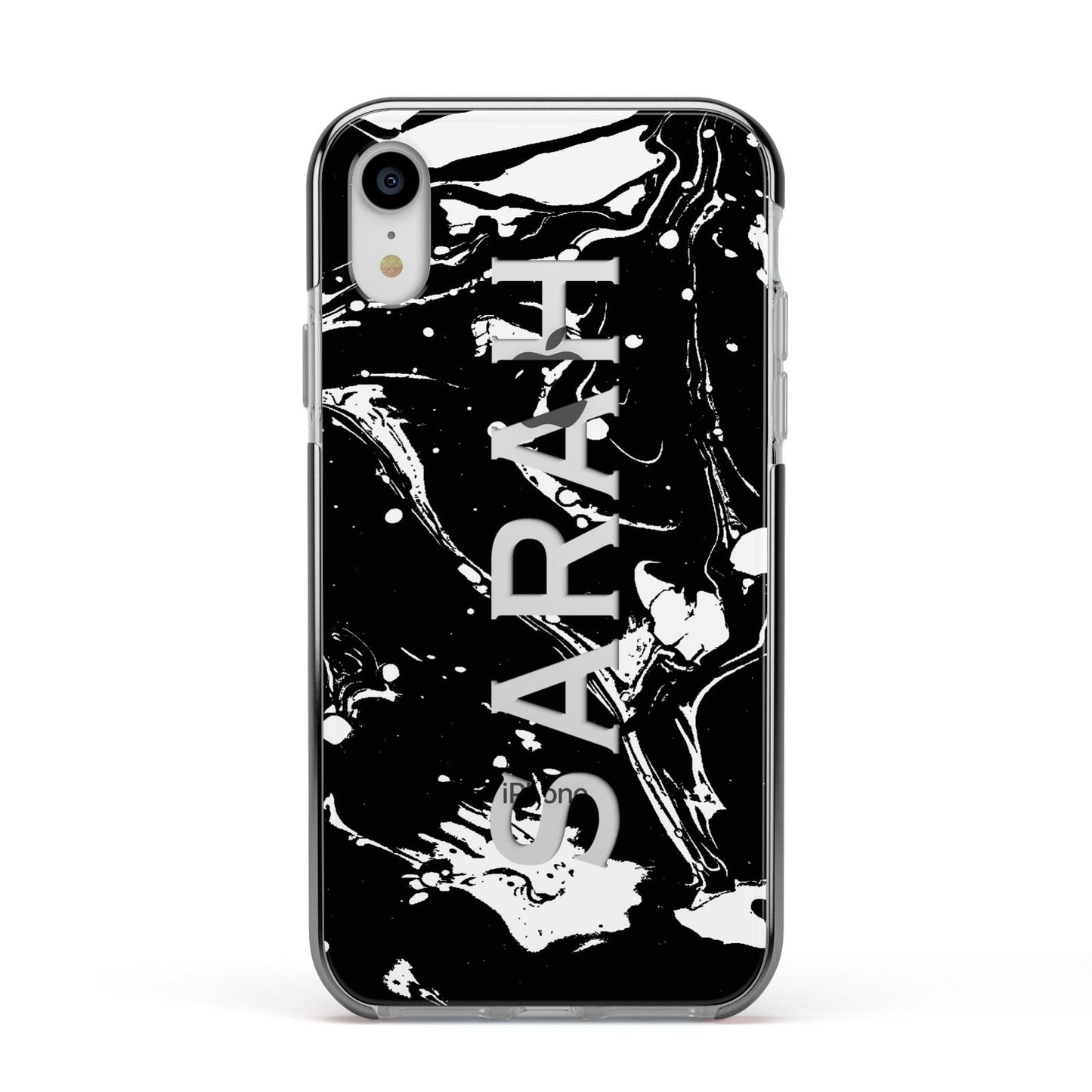 Personalised Clear Name Cutout Swirl Marble Custom Apple iPhone XR Impact Case Black Edge on Silver Phone