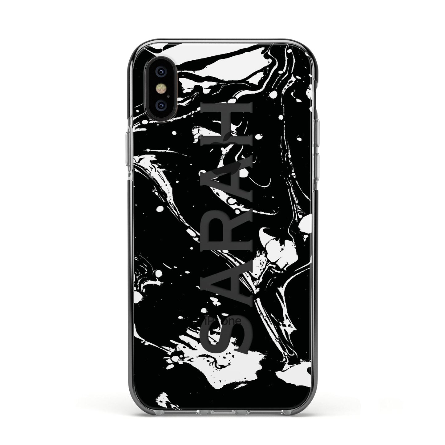 Personalised Clear Name Cutout Swirl Marble Custom Apple iPhone Xs Impact Case Black Edge on Black Phone