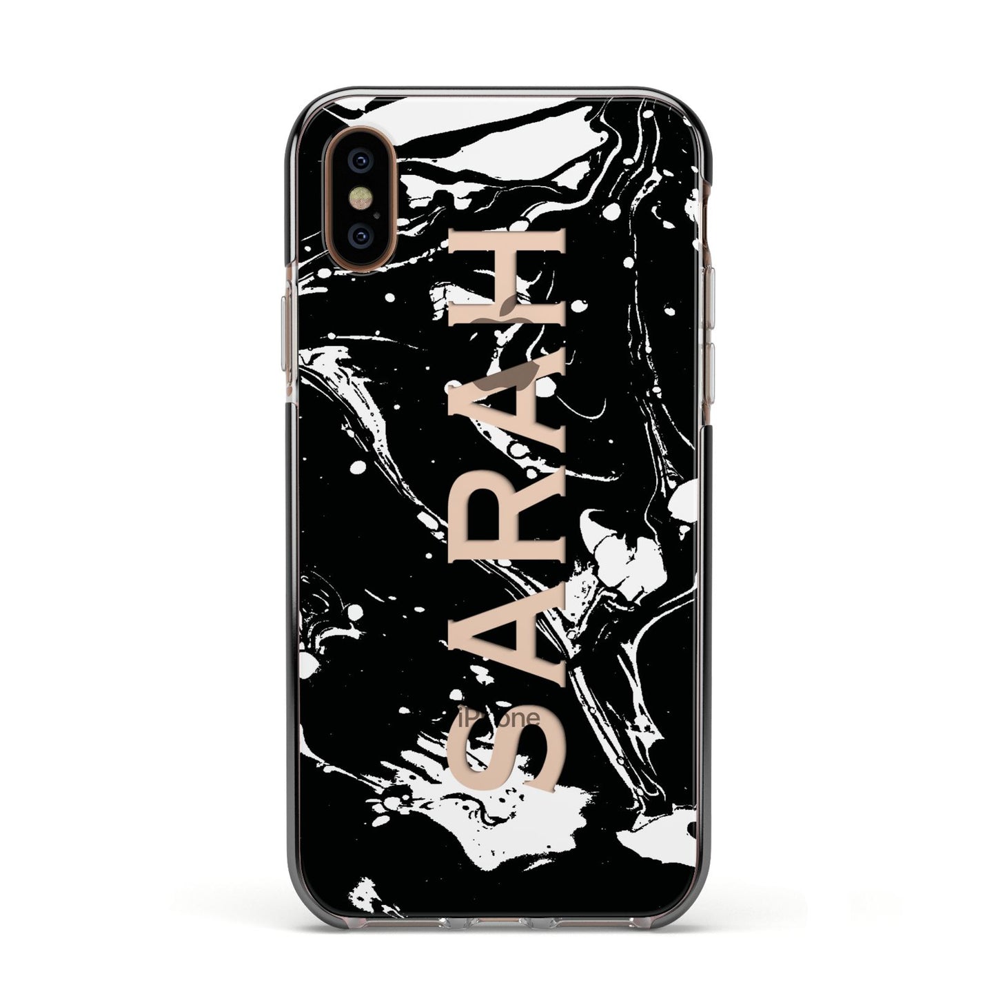 Personalised Clear Name Cutout Swirl Marble Custom Apple iPhone Xs Impact Case Black Edge on Gold Phone