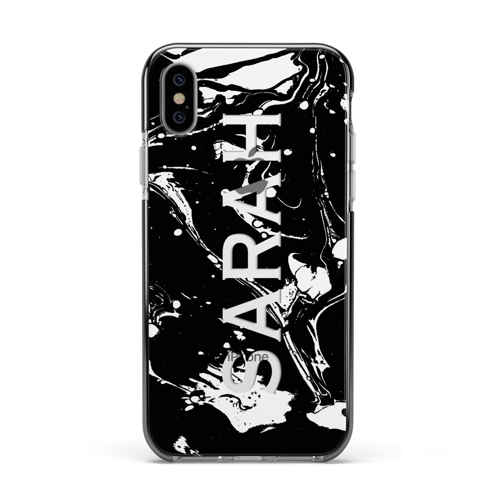 Personalised Clear Name Cutout Swirl Marble Custom Apple iPhone Xs Impact Case Black Edge on Silver Phone