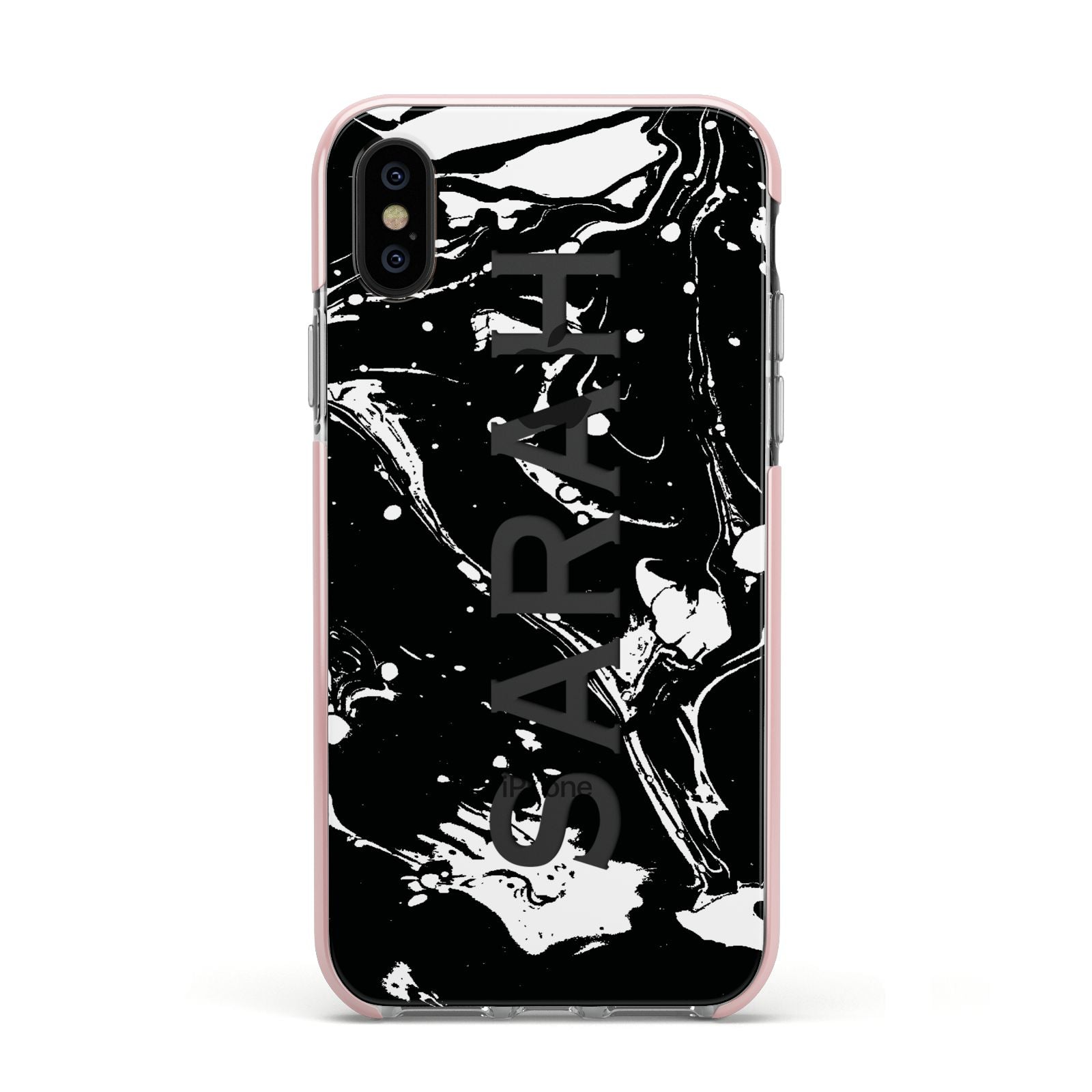 Personalised Clear Name Cutout Swirl Marble Custom Apple iPhone Xs Impact Case Pink Edge on Black Phone