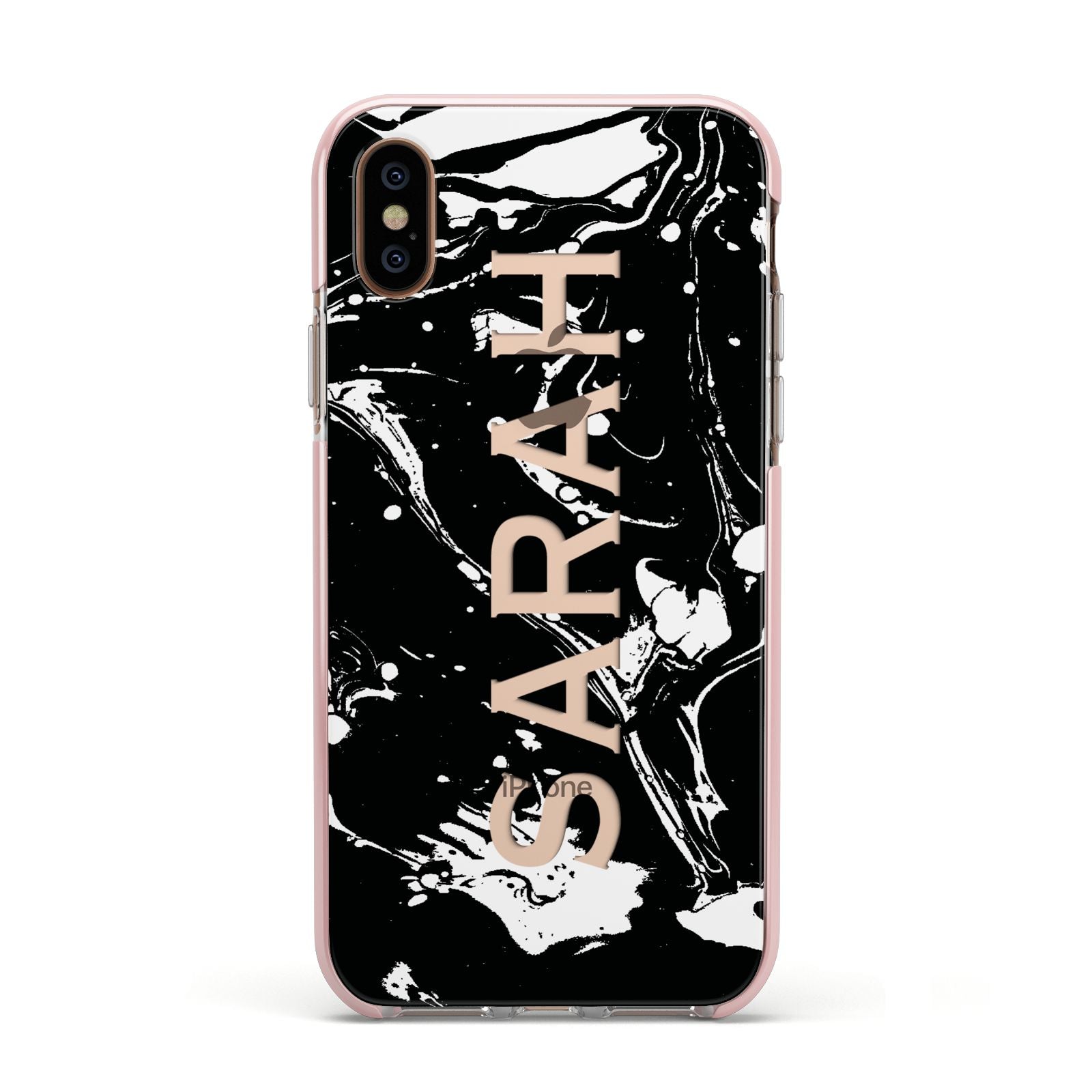 Personalised Clear Name Cutout Swirl Marble Custom Apple iPhone Xs Impact Case Pink Edge on Gold Phone