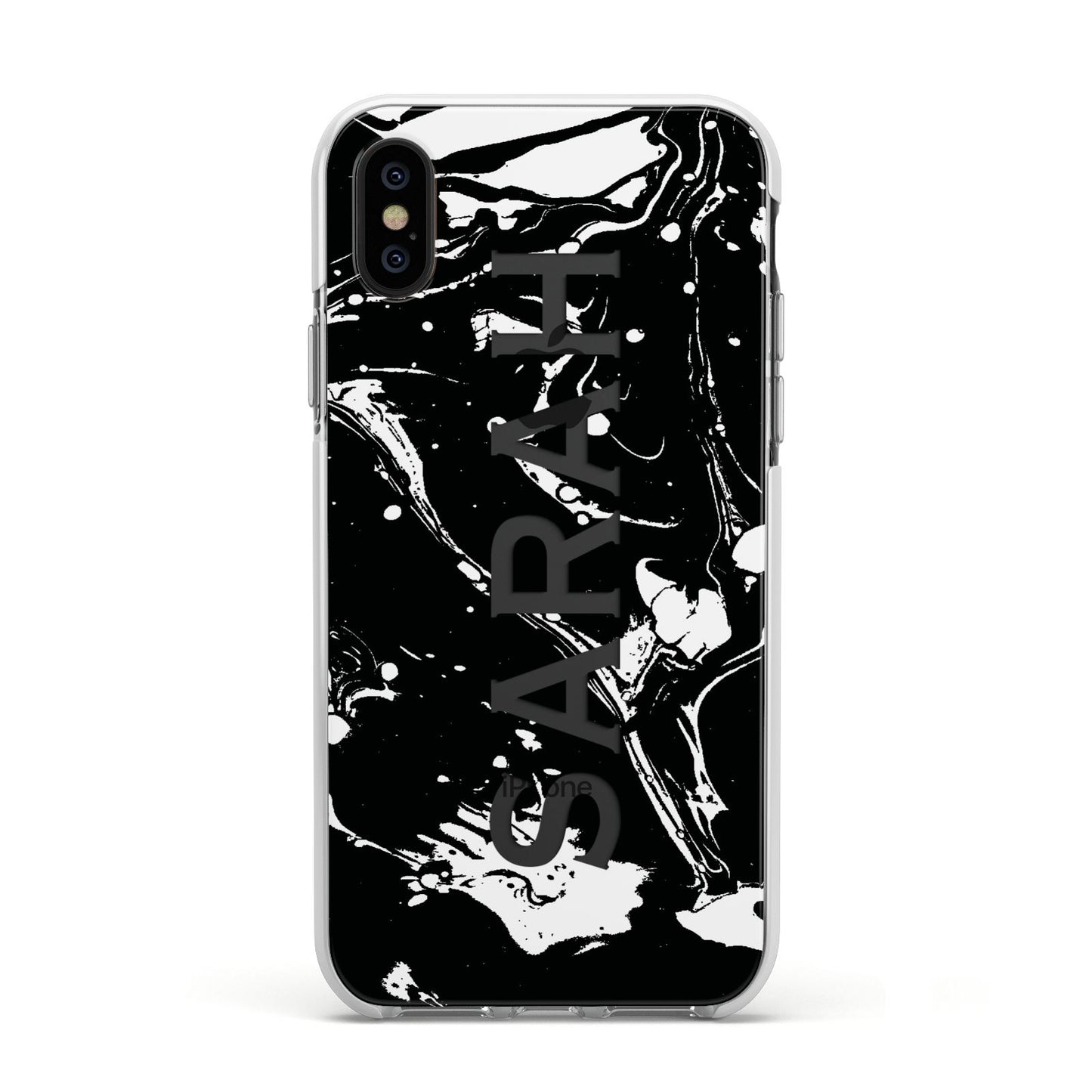 Personalised Clear Name Cutout Swirl Marble Custom Apple iPhone Xs Impact Case White Edge on Black Phone