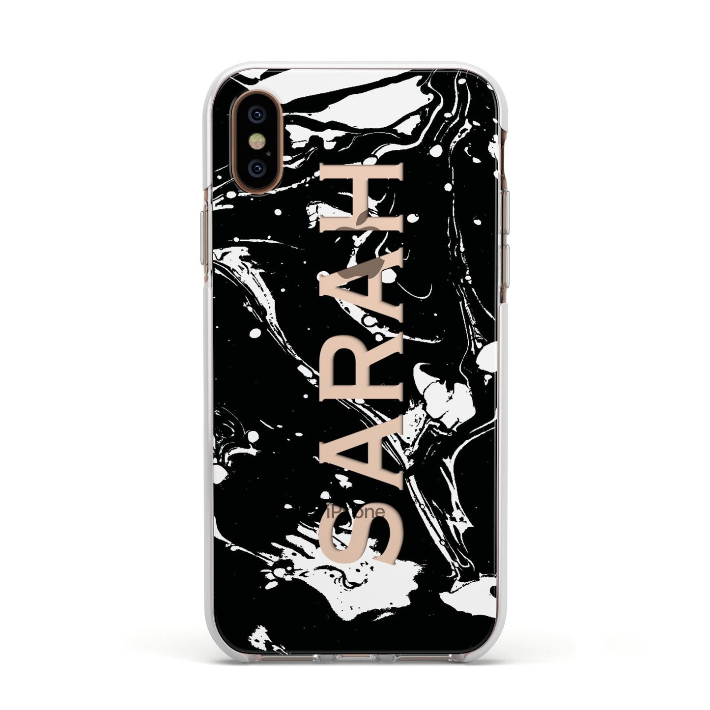 Personalised Clear Name Cutout Swirl Marble Custom Apple iPhone Xs Impact Case White Edge on Gold Phone