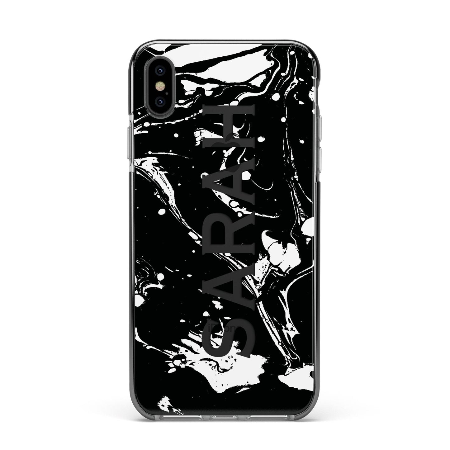 Personalised Clear Name Cutout Swirl Marble Custom Apple iPhone Xs Max Impact Case Black Edge on Black Phone