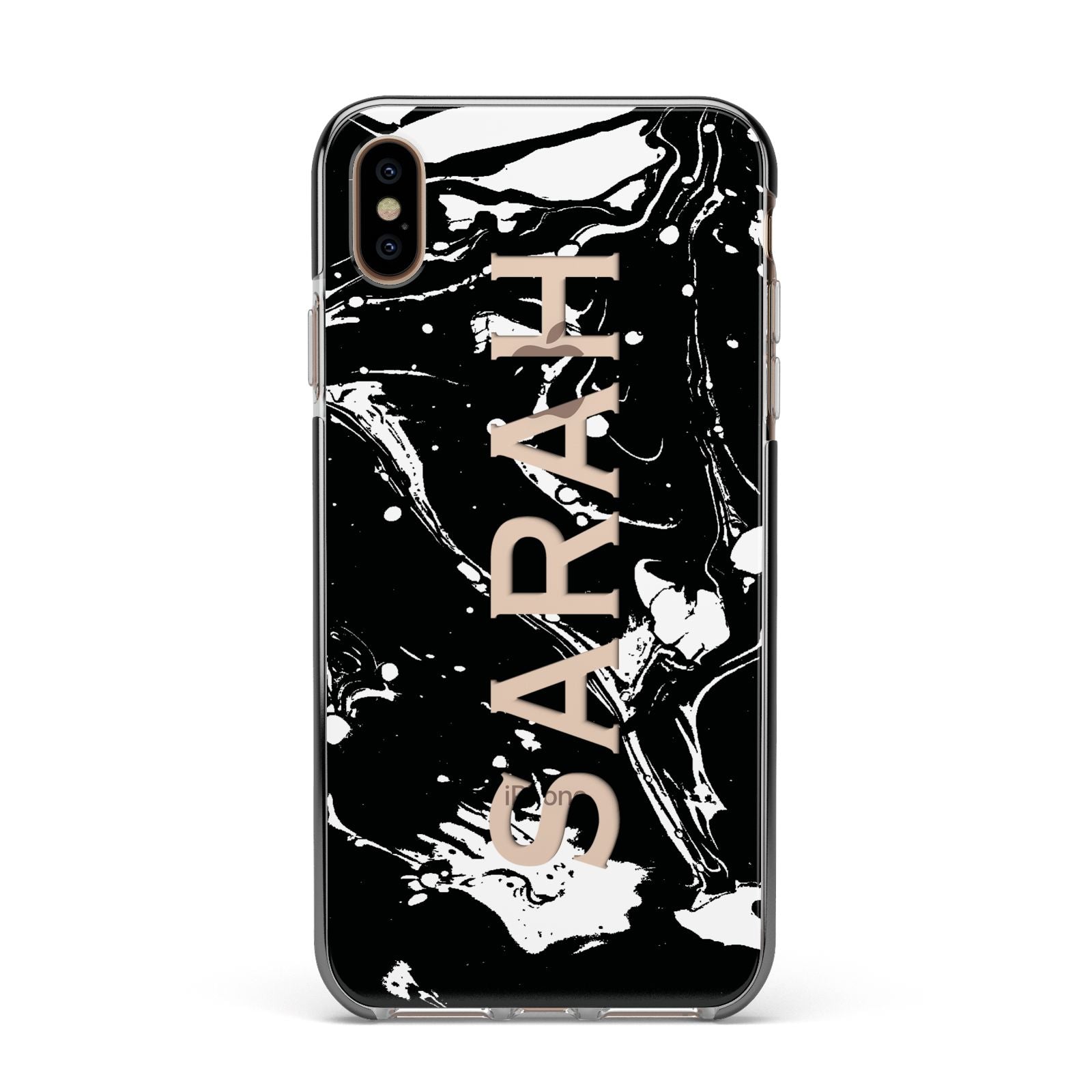 Personalised Clear Name Cutout Swirl Marble Custom Apple iPhone Xs Max Impact Case Black Edge on Gold Phone