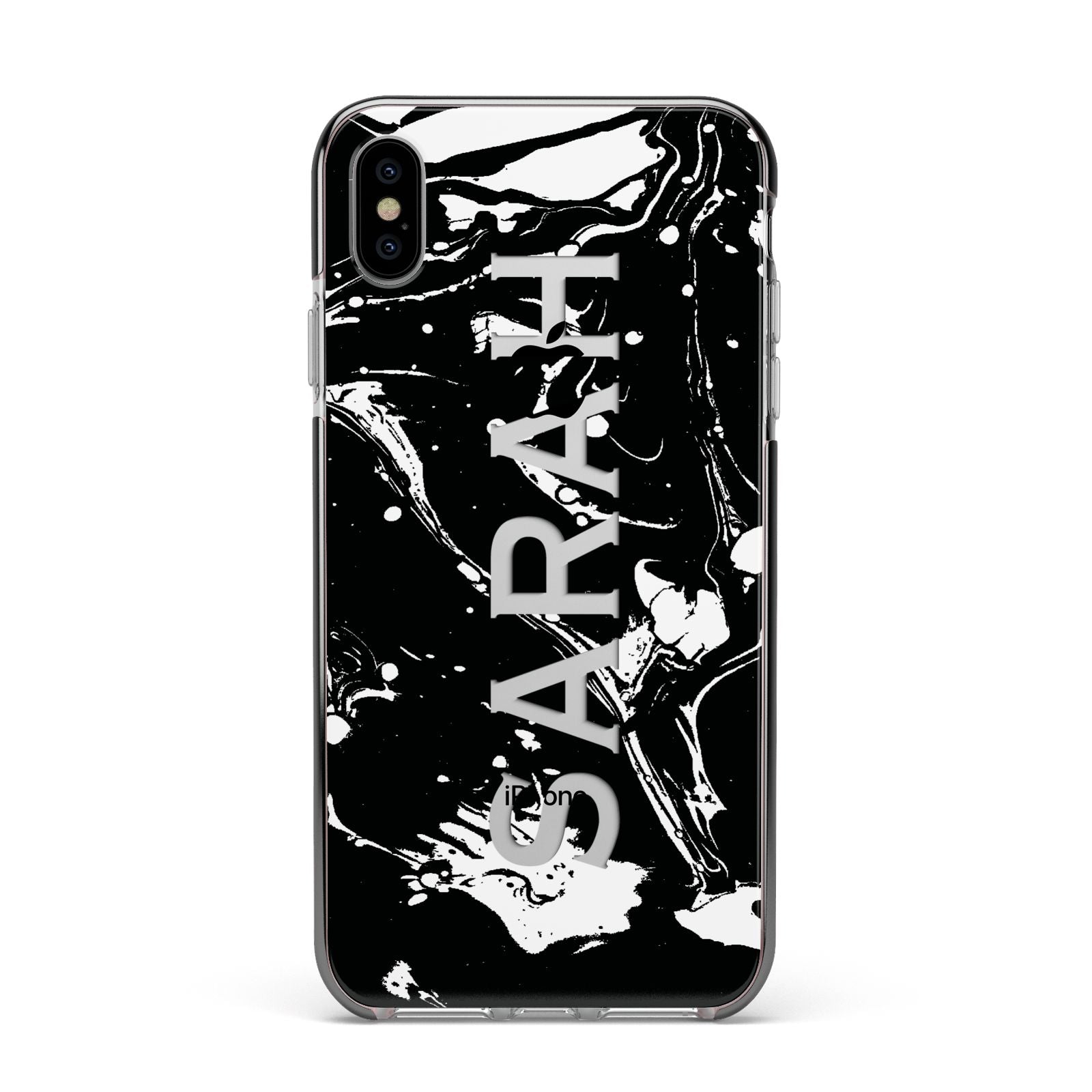 Personalised Clear Name Cutout Swirl Marble Custom Apple iPhone Xs Max Impact Case Black Edge on Silver Phone