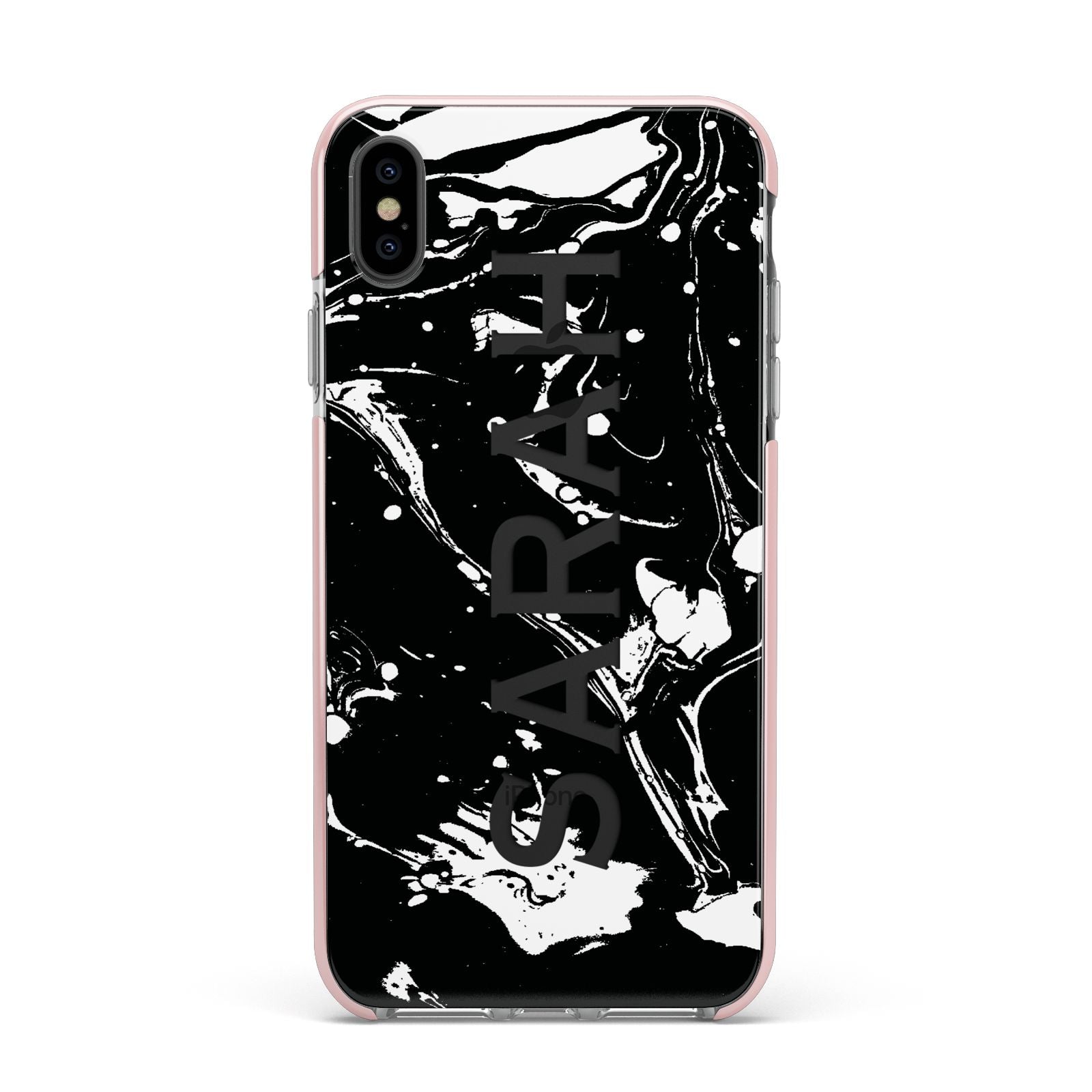 Personalised Clear Name Cutout Swirl Marble Custom Apple iPhone Xs Max Impact Case Pink Edge on Black Phone