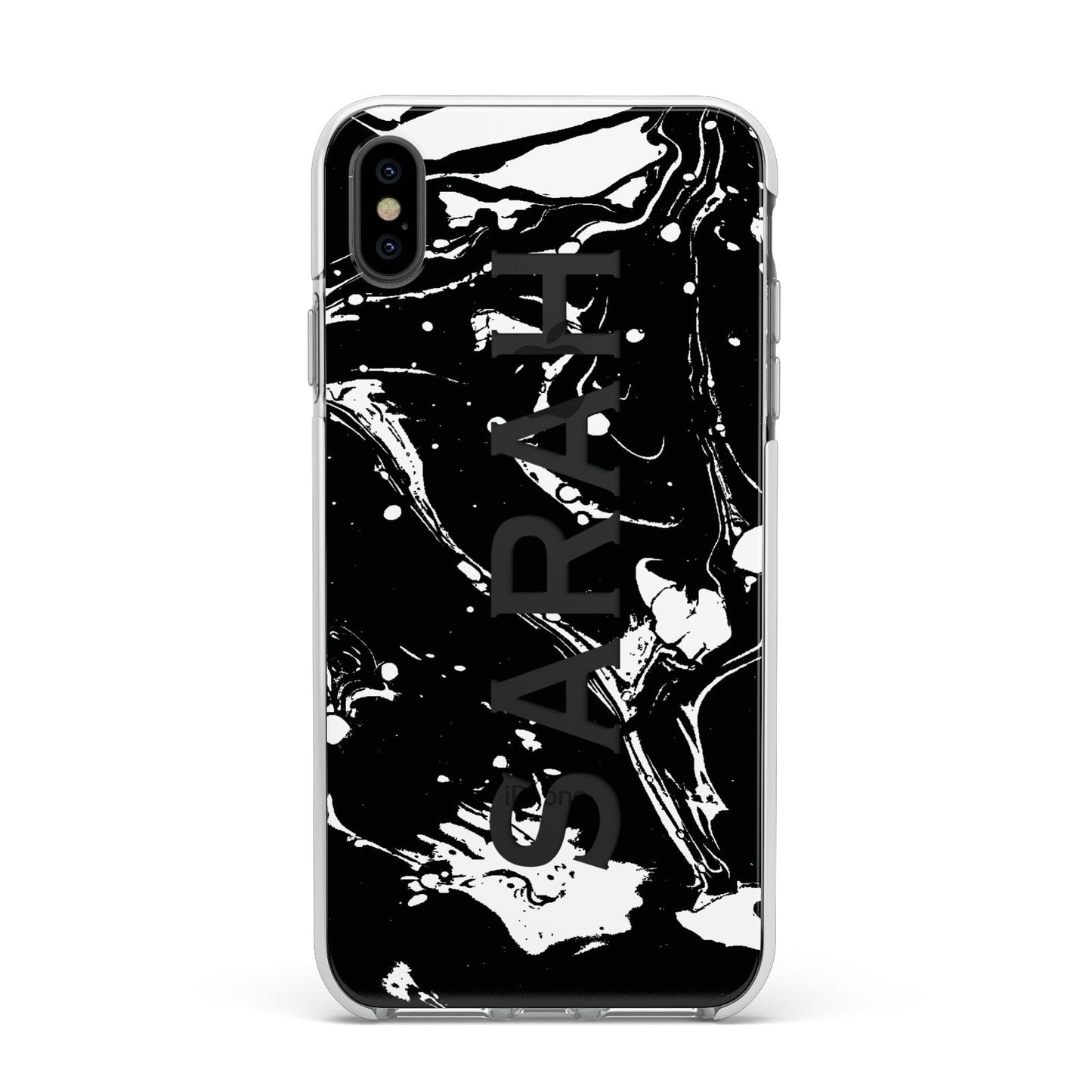 Personalised Clear Name Cutout Swirl Marble Custom Apple iPhone Xs Max Impact Case White Edge on Black Phone