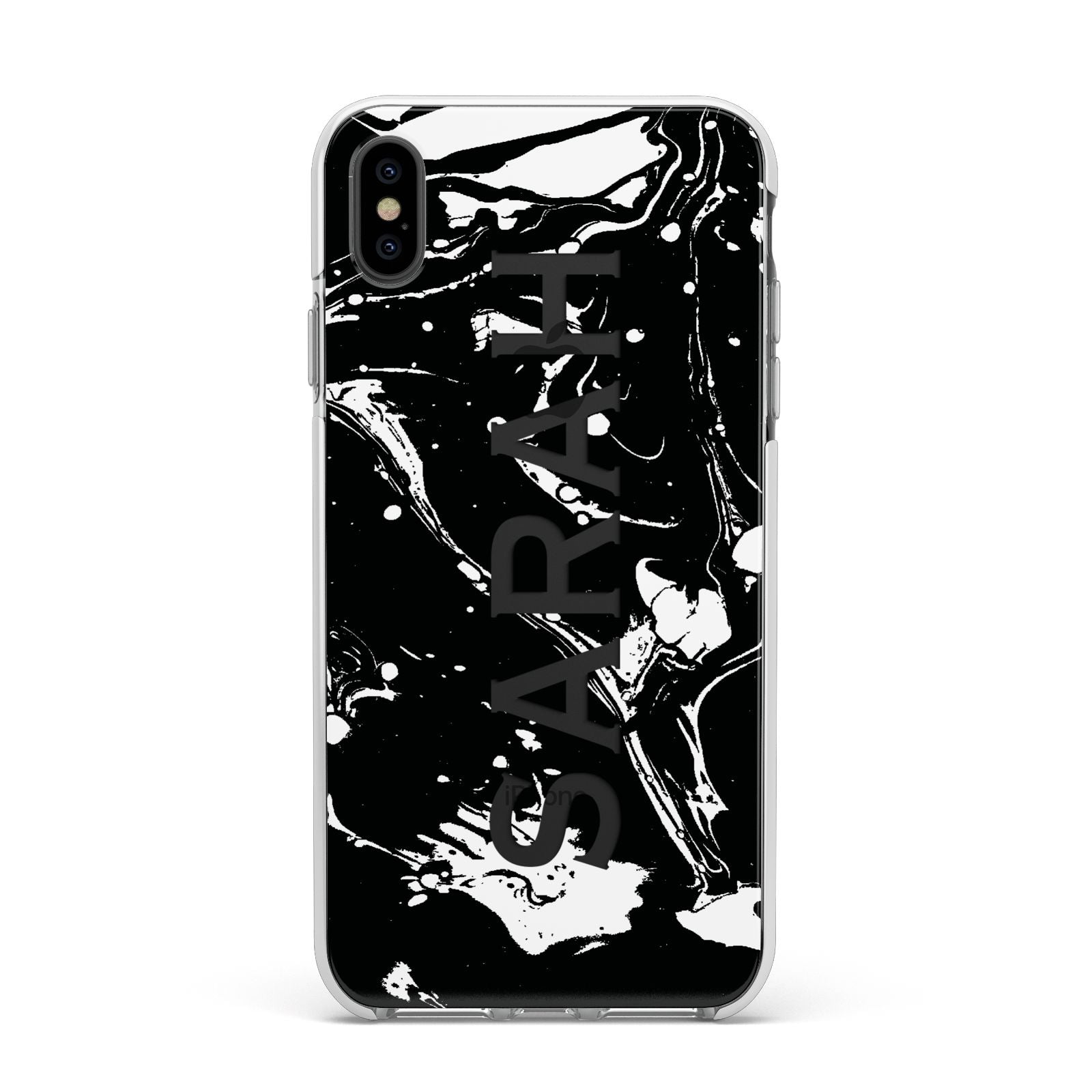 Personalised Clear Name Cutout Swirl Marble Custom Apple iPhone Xs Max Impact Case White Edge on Black Phone