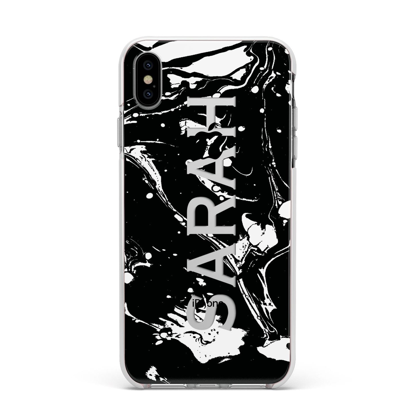 Personalised Clear Name Cutout Swirl Marble Custom Apple iPhone Xs Max Impact Case White Edge on Silver Phone