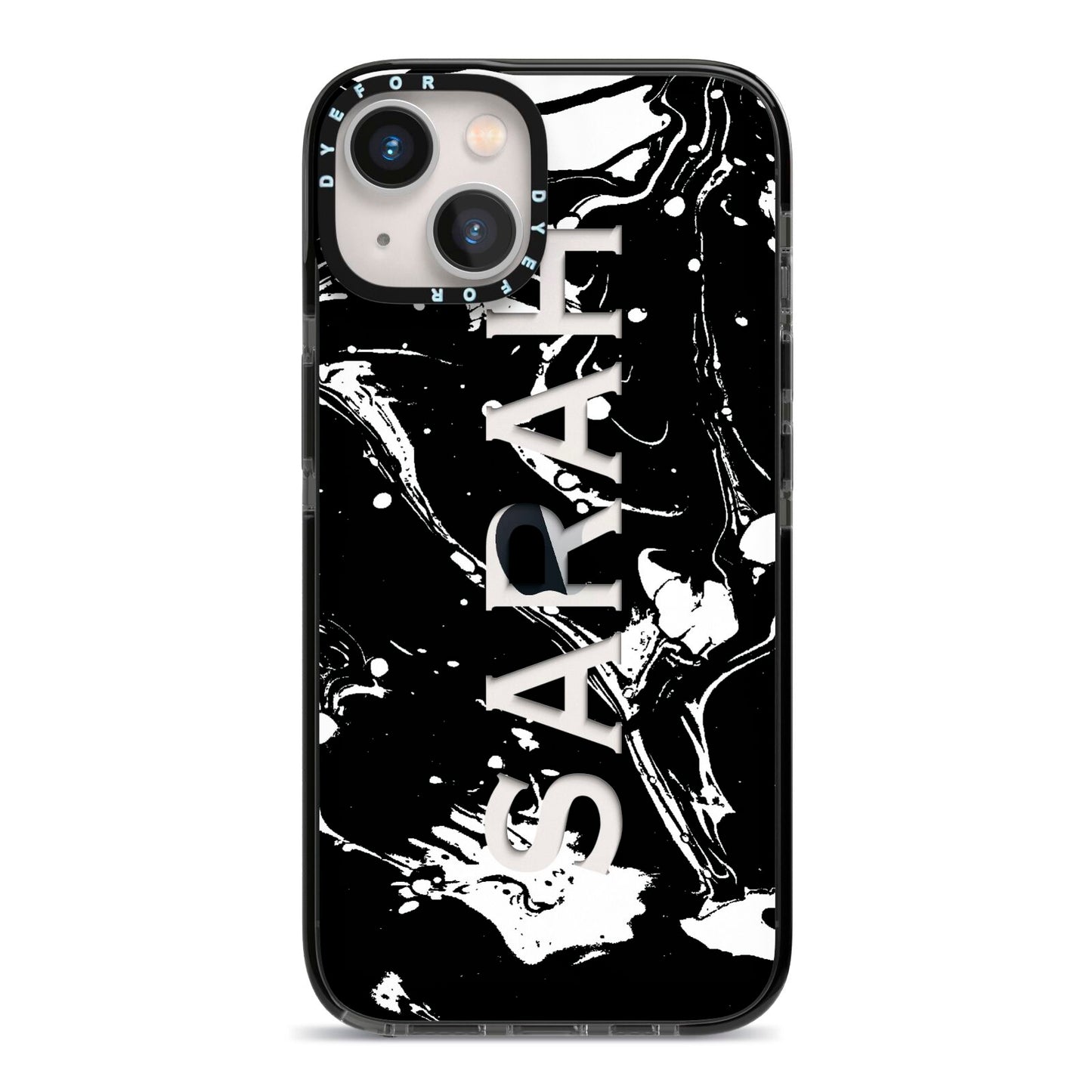 Personalised Clear Name Cutout Swirl Marble Custom iPhone 13 Black Impact Case on Silver phone