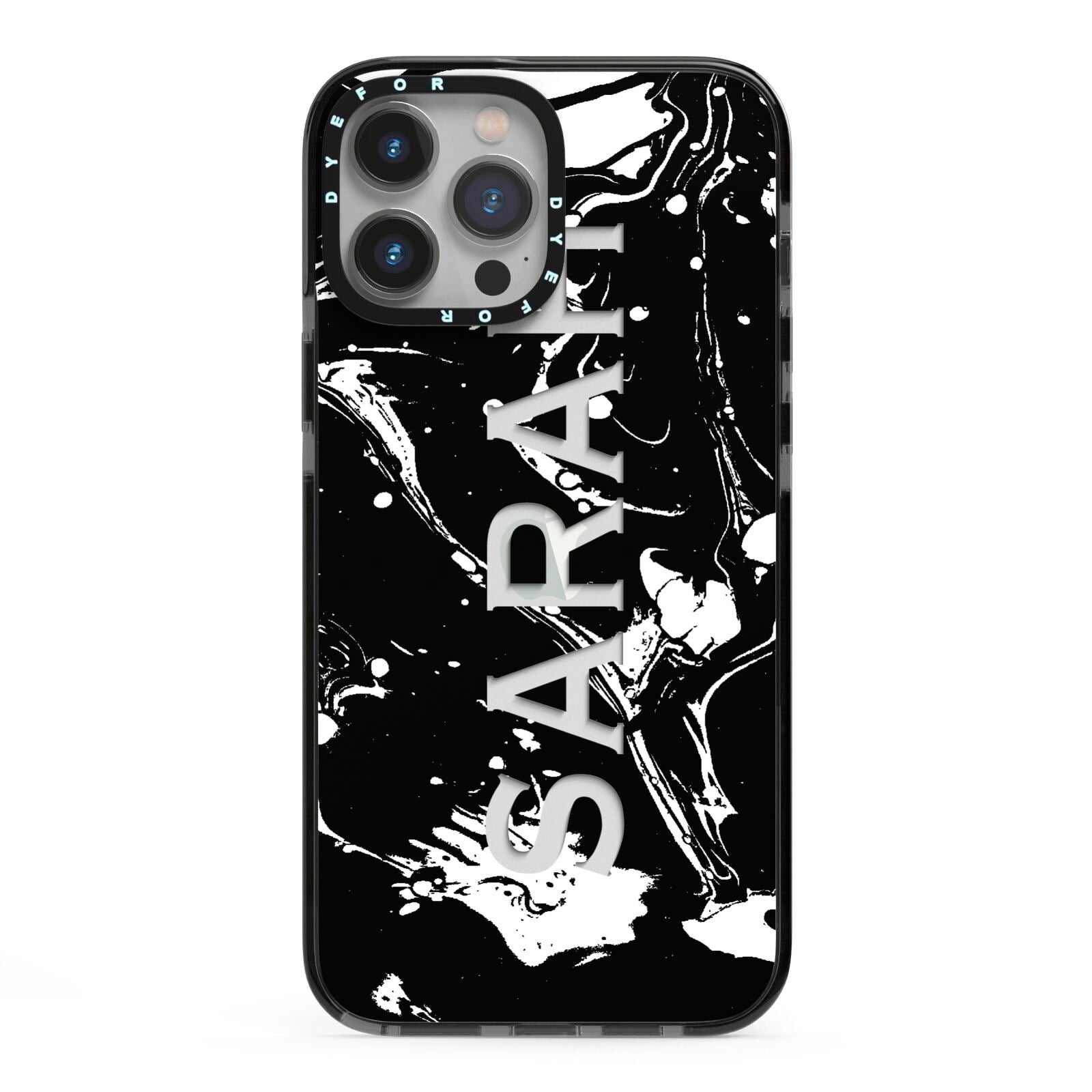 Personalised Clear Name Cutout Swirl Marble Custom iPhone 13 Pro Max Black Impact Case on Silver phone