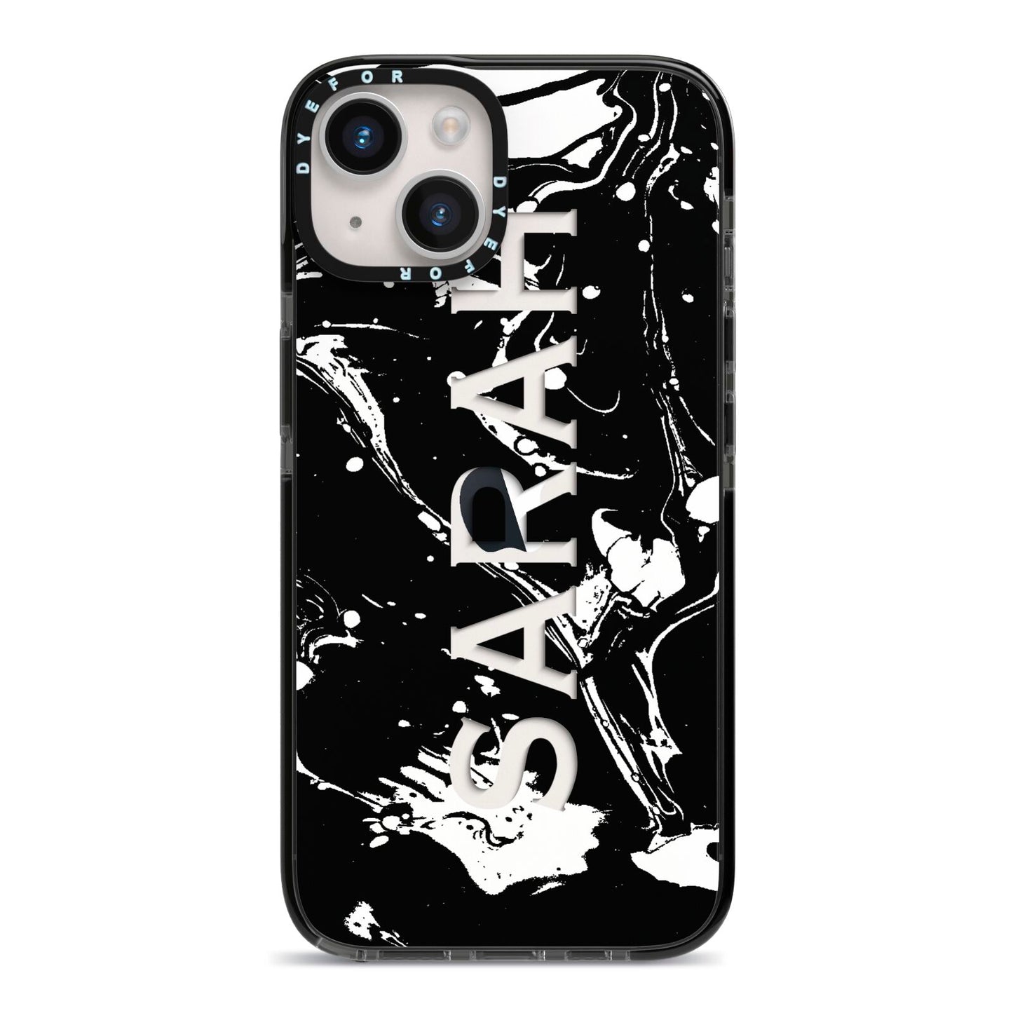 Personalised Clear Name Cutout Swirl Marble Custom iPhone 14 Black Impact Case on Silver phone