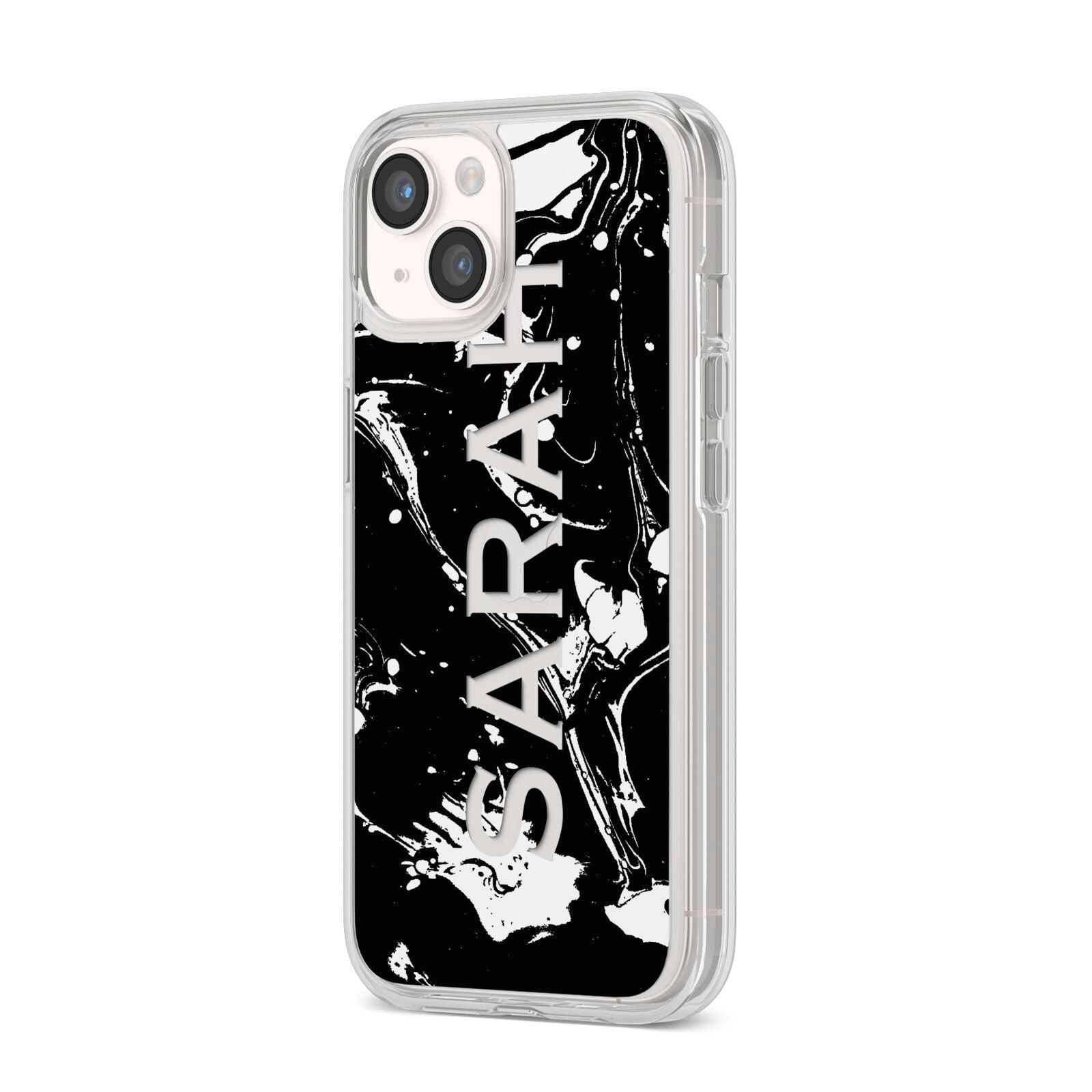 Personalised Clear Name Cutout Swirl Marble Custom iPhone 14 Clear Tough Case Starlight Angled Image