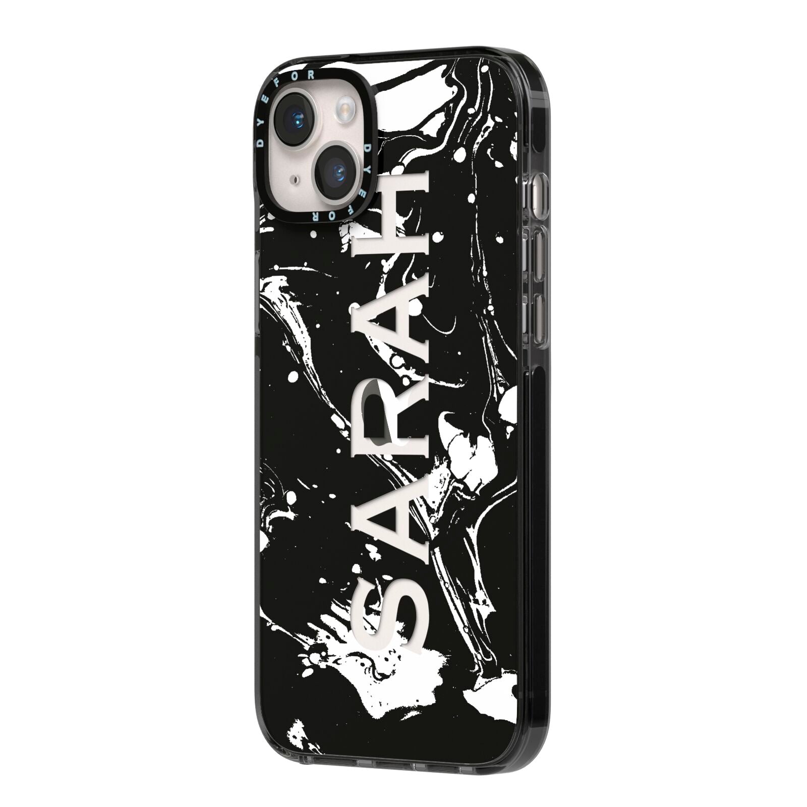 Personalised Clear Name Cutout Swirl Marble Custom iPhone 14 Plus Black Impact Case Side Angle on Silver phone