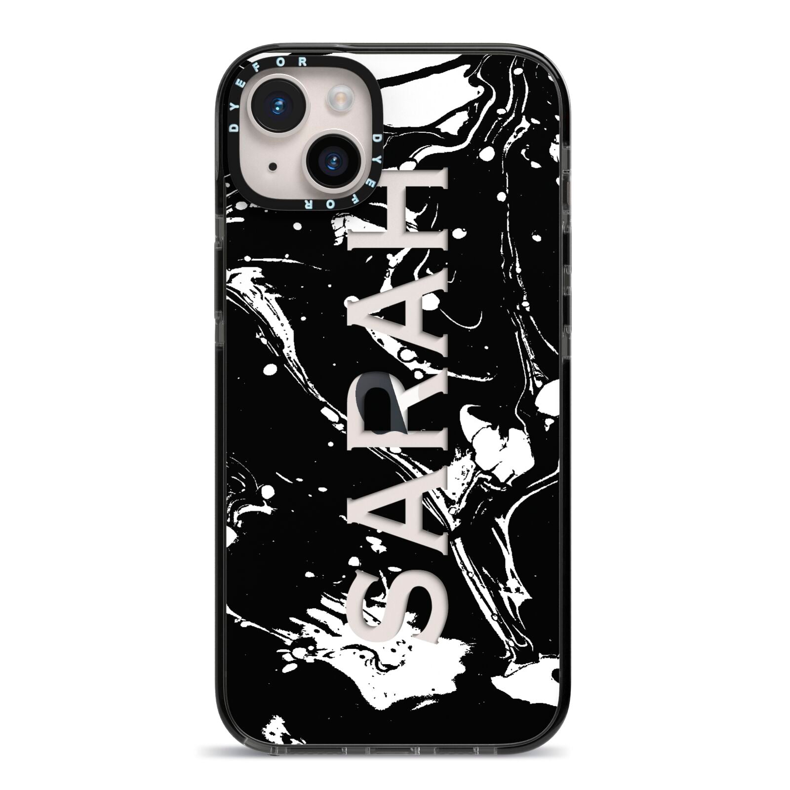 Personalised Clear Name Cutout Swirl Marble Custom iPhone 14 Plus Black Impact Case on Silver phone