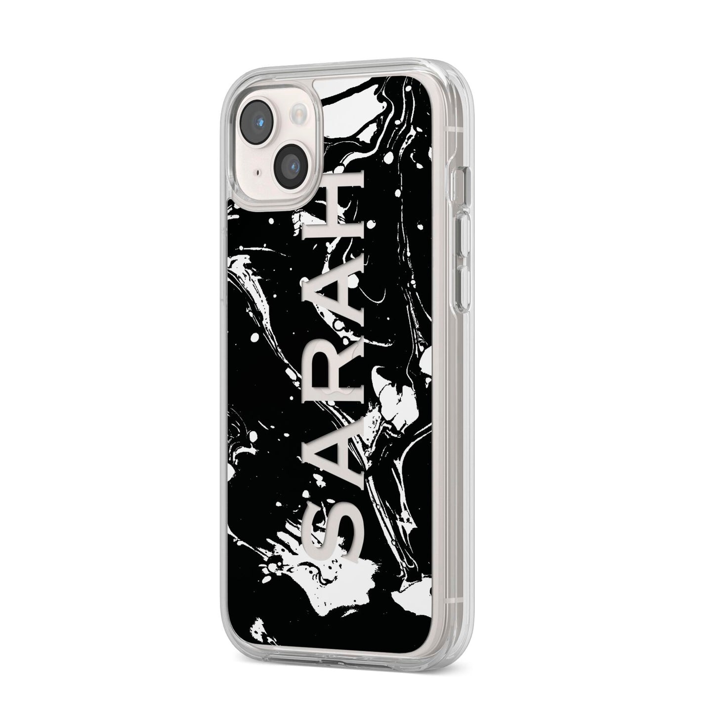 Personalised Clear Name Cutout Swirl Marble Custom iPhone 14 Plus Clear Tough Case Starlight Angled Image