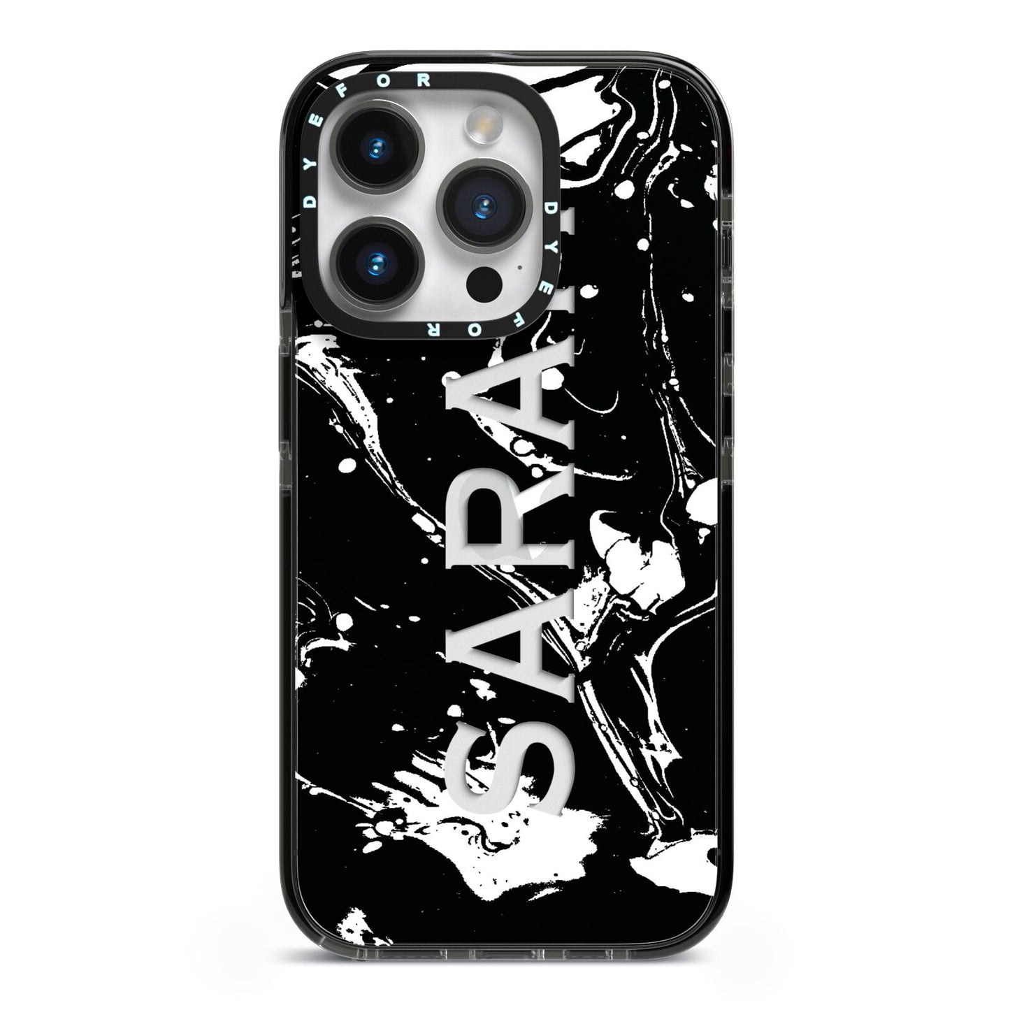 Personalised Clear Name Cutout Swirl Marble Custom iPhone 14 Pro Black Impact Case on Silver phone